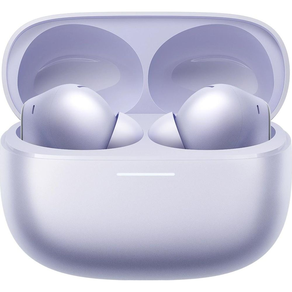 Para lawendowych słuchawek bezprzewodowych w otwartym, dopasowanym etui ładującym.