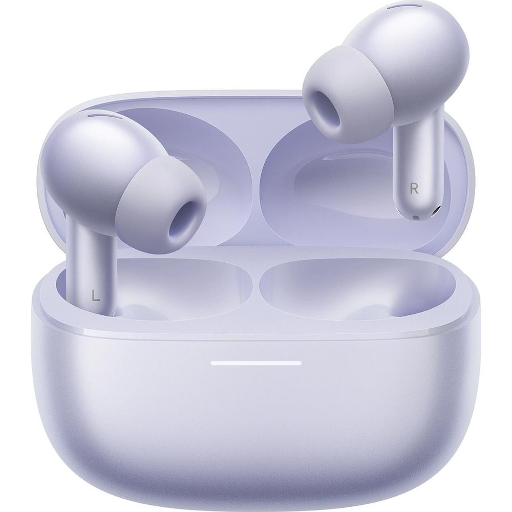 Fioletowe słuchawki bezprzewodowe w otwartym etui ładującym z oznaczeniami L/R.