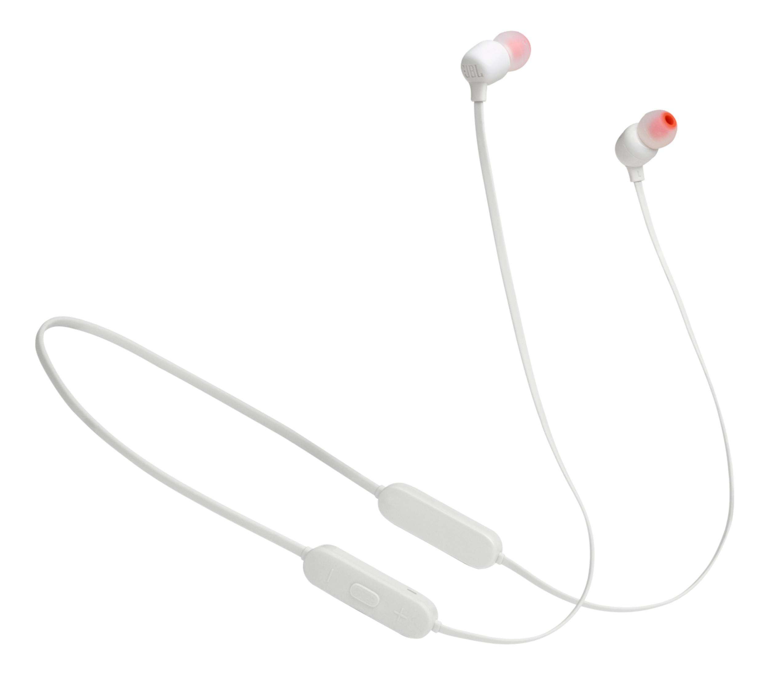 Auricolari JBL bianchi con punte arancioni e telecomando in linea.