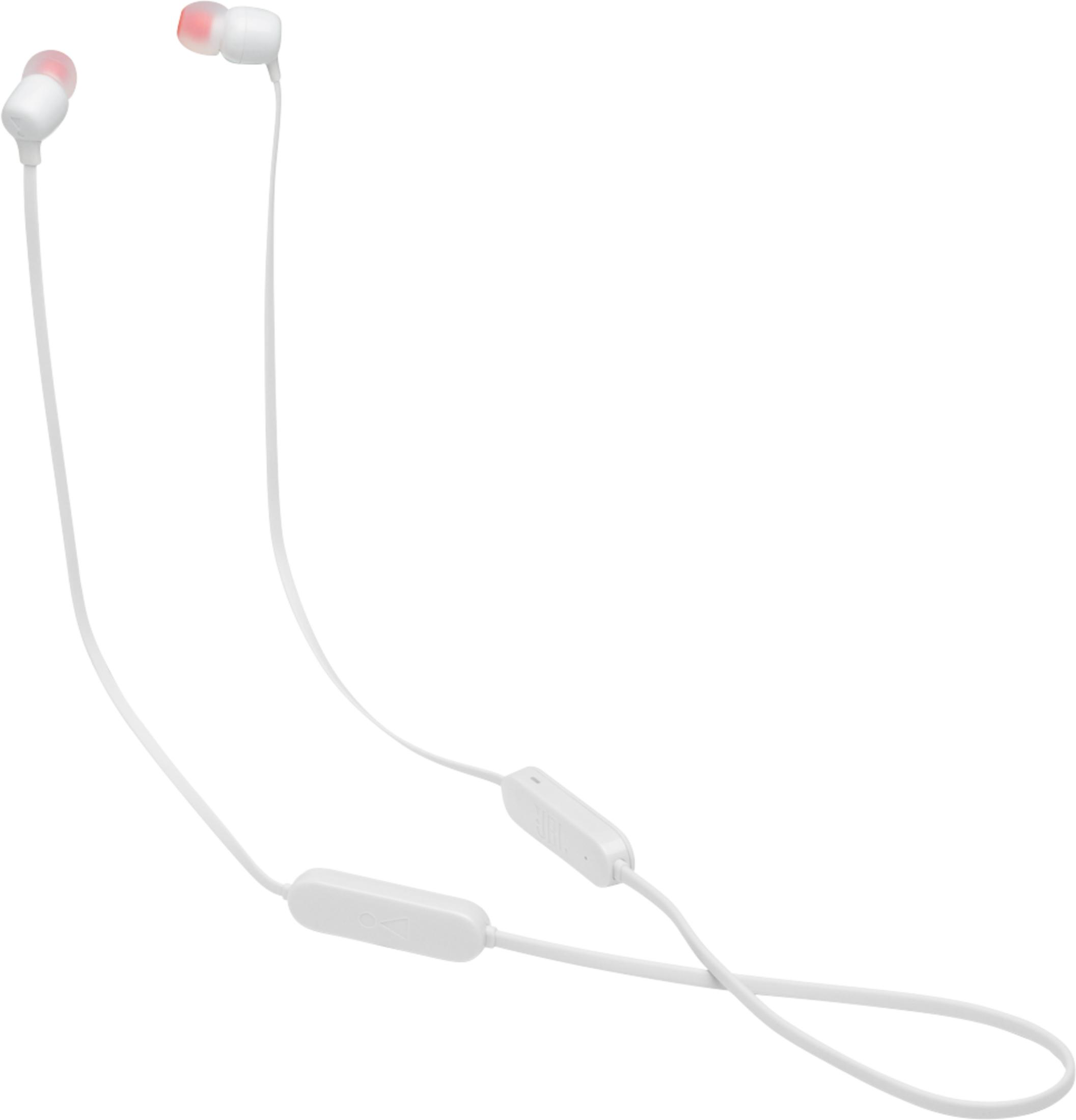 Auricolari bianchi con accenti rossi e telecomando.