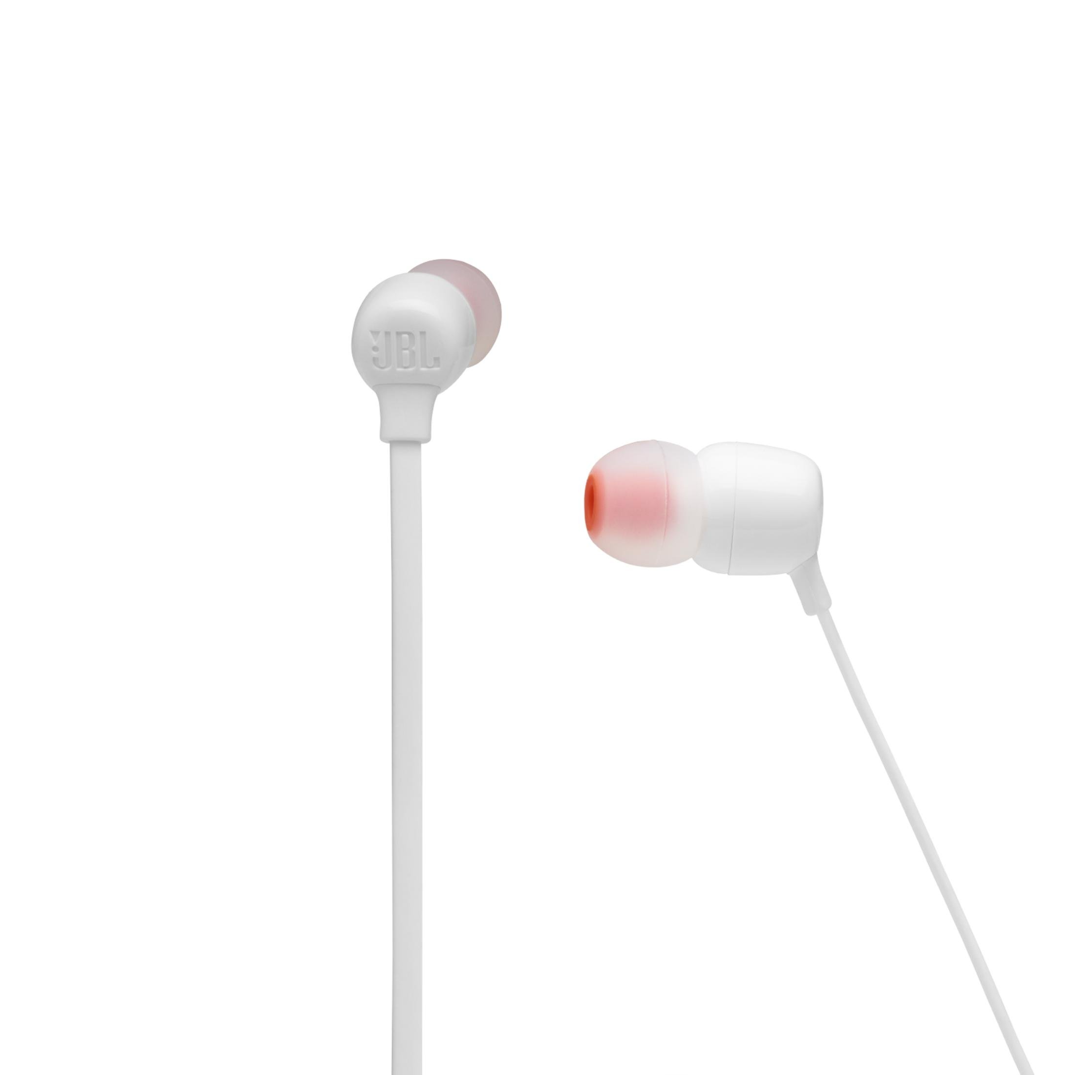 Due auricolari JBL bianchi con punte rosa su sfondo bianco.
