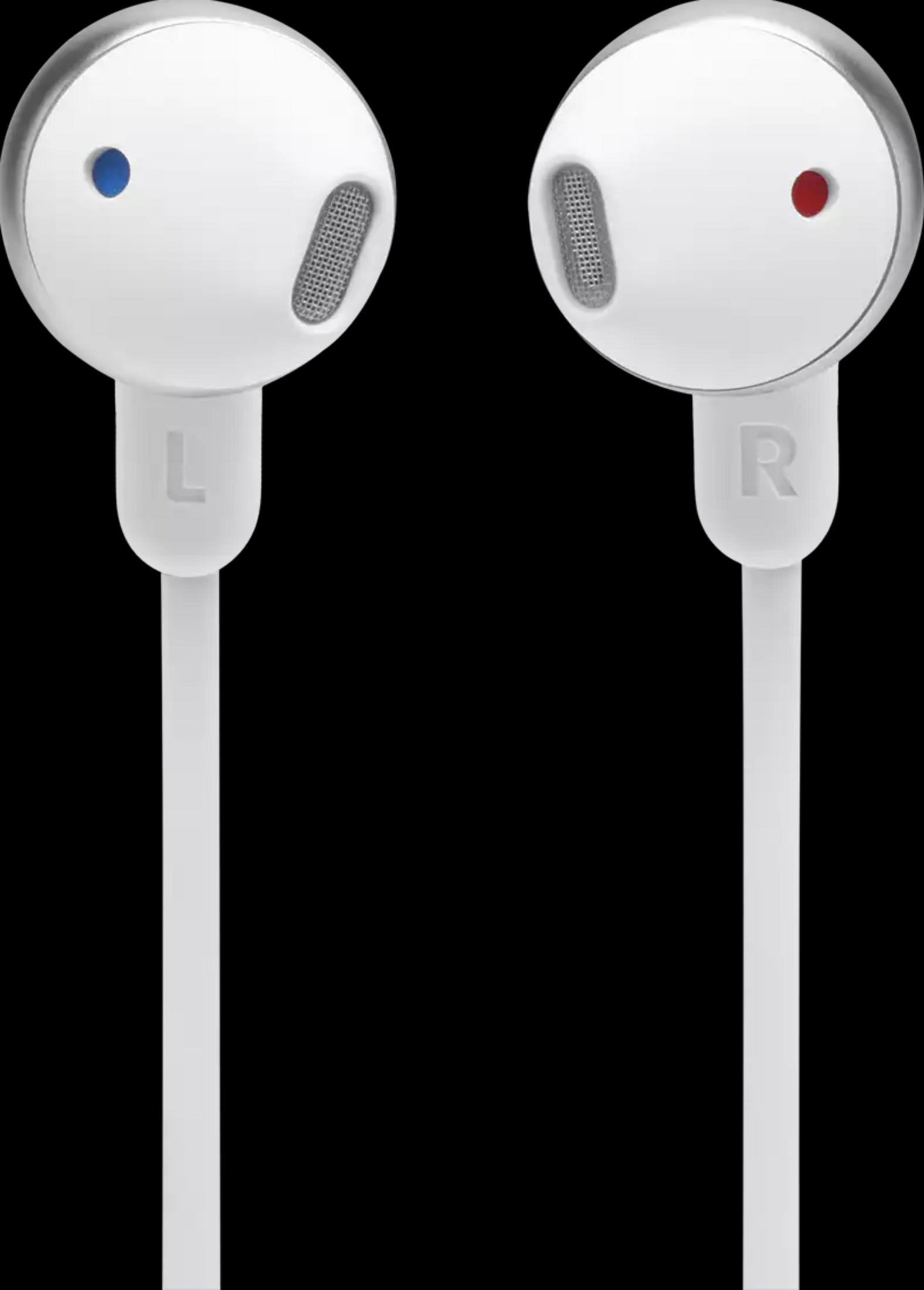 Dos auriculares blancos con detalles plateados sobre fondo negro.