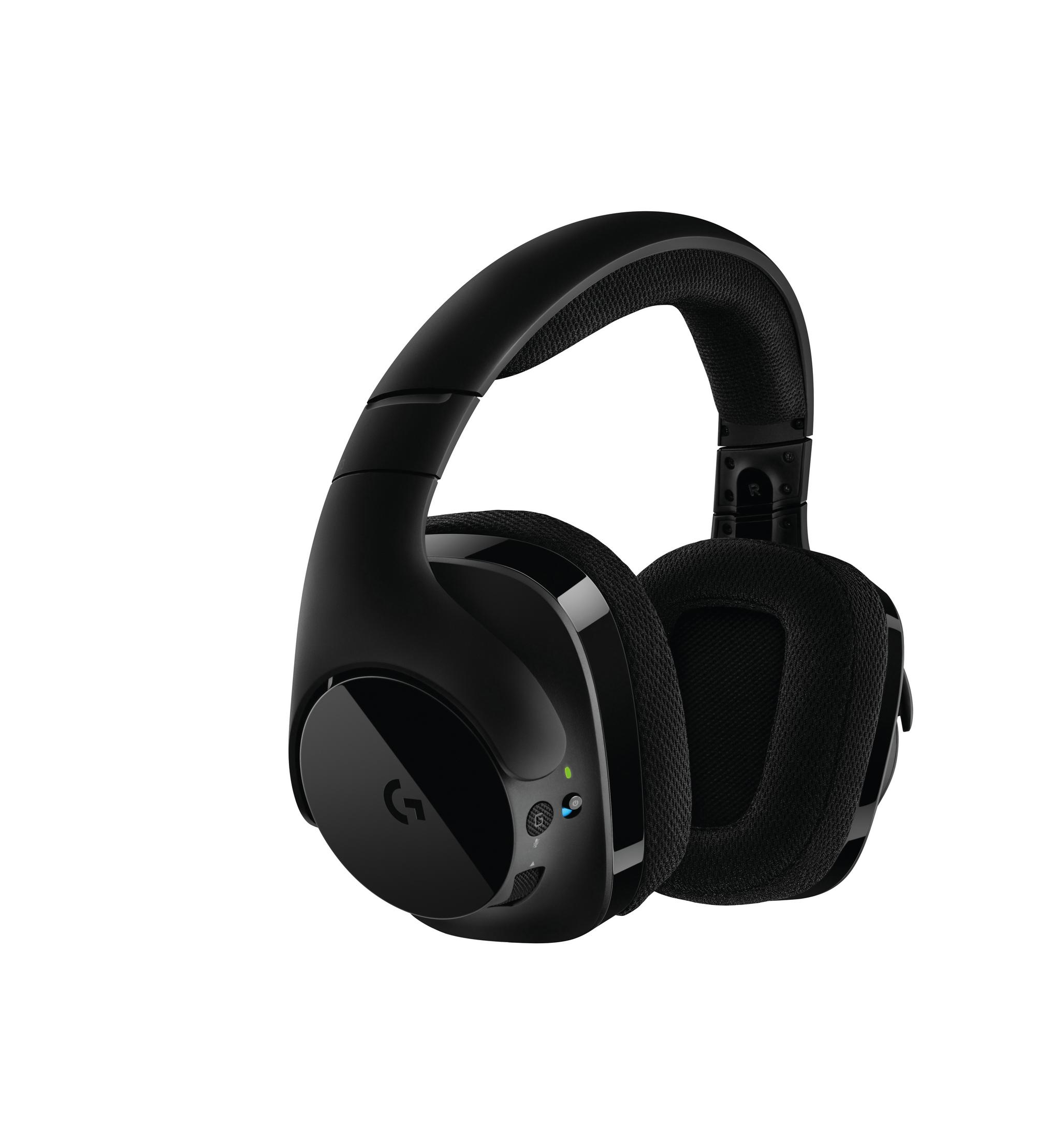 Schwarze Over-Ear-Kopfhörer mit Mikrofon und G-Logo auf der Ohrmuschel.