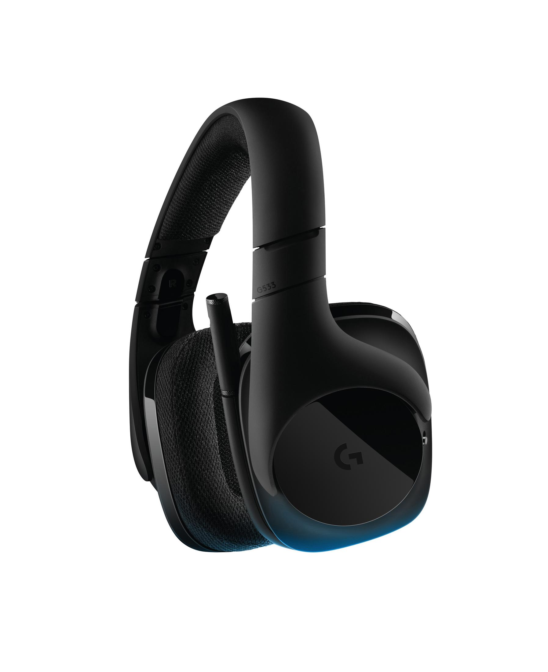 Schwarzer Gaming-Kopfhörer mit Mikrofon und blauer LED-Beleuchtung.