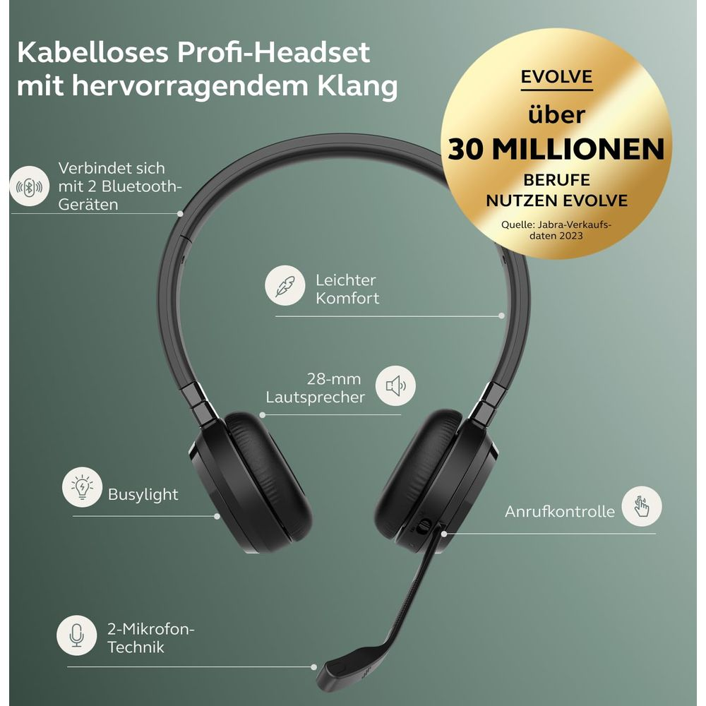 Czarny zestaw słuchawkowy Jabra Evolve z mikrofonem, głośnikami 28mm.