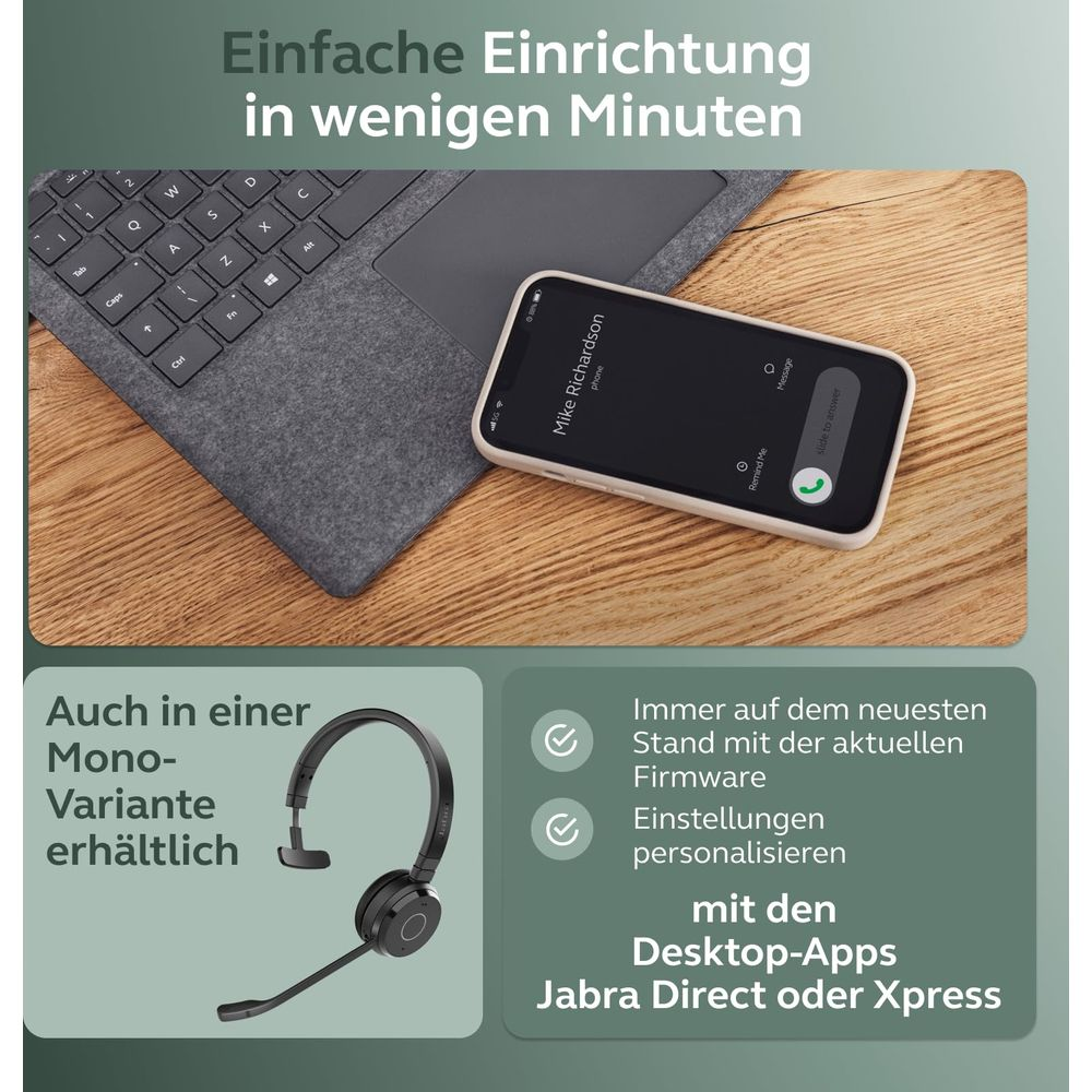 Zestaw słuchawkowy Jabra mono, iPhone pokazujący połączenie, laptop na drewnie.