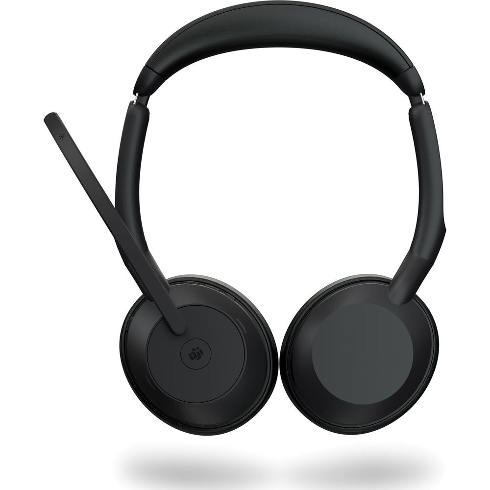 Czarne słuchawki z wysięgnikiem mikrofonu i wyściełanym pałąkiem.