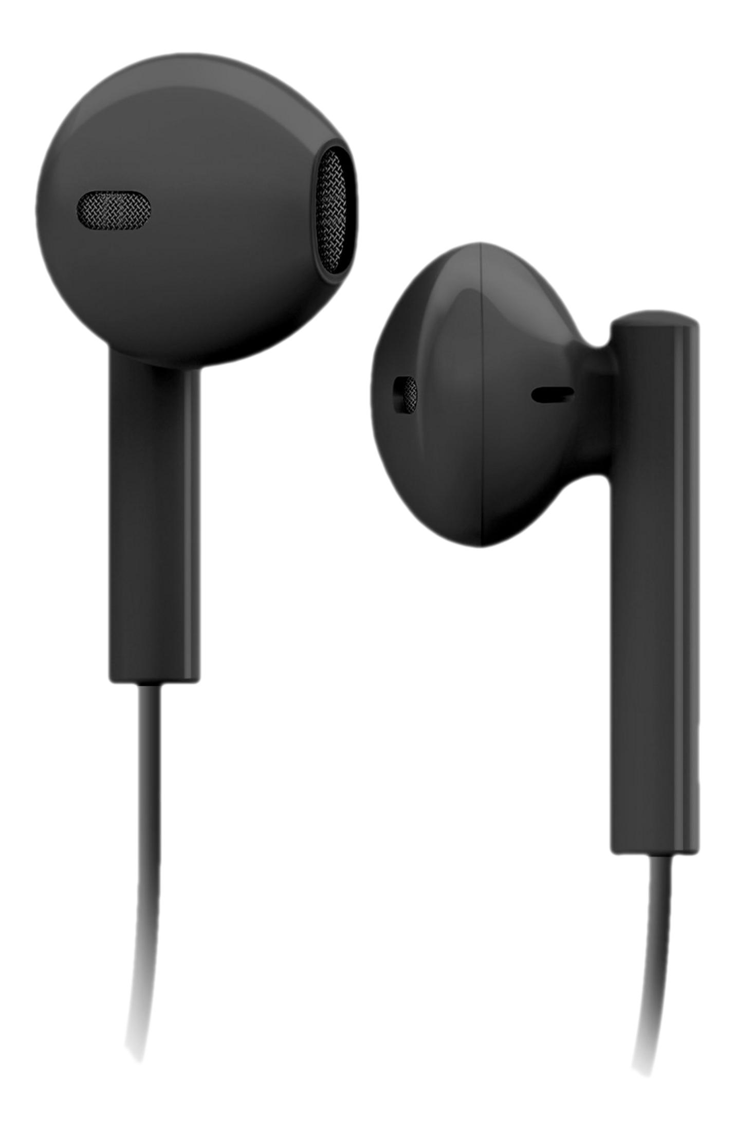 Due auricolari neri con cavo e cavi su sfondo bianco.