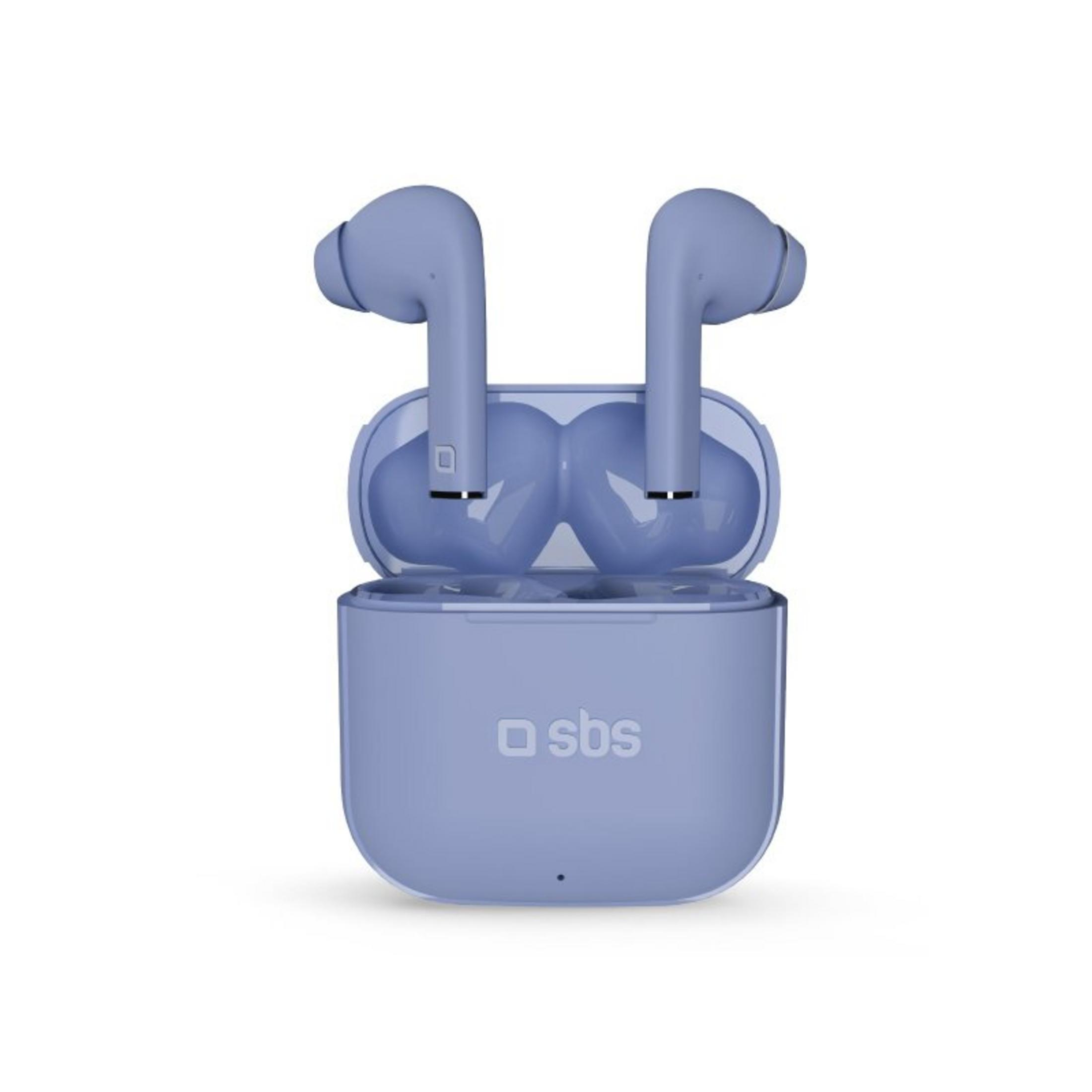 Ein Paar lavendelfarbene kabellose Ohrhörer in einem geöffneten Ladecase mit SBS-Logo.