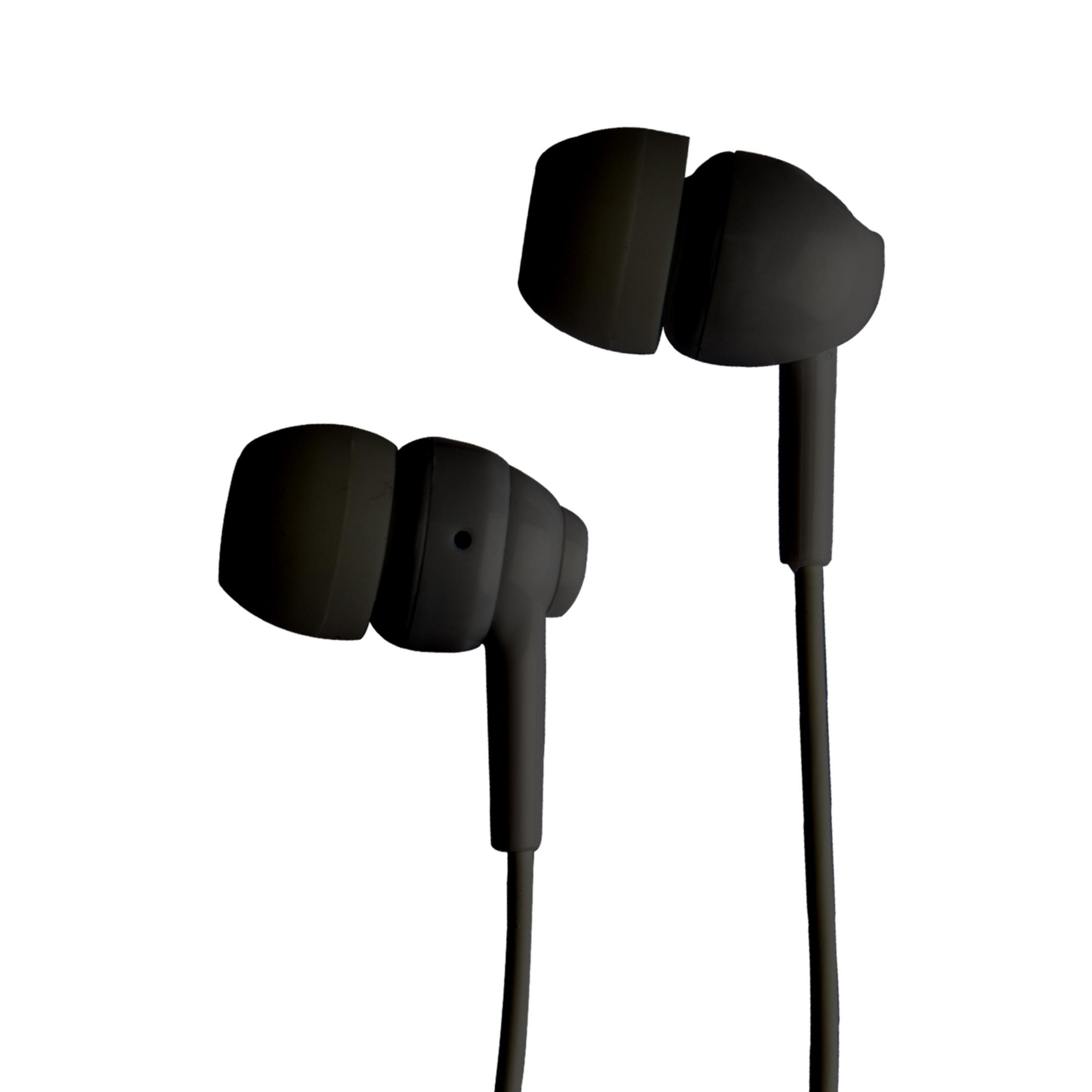 Auricolari in-ear neri con cavo su sfondo bianco.