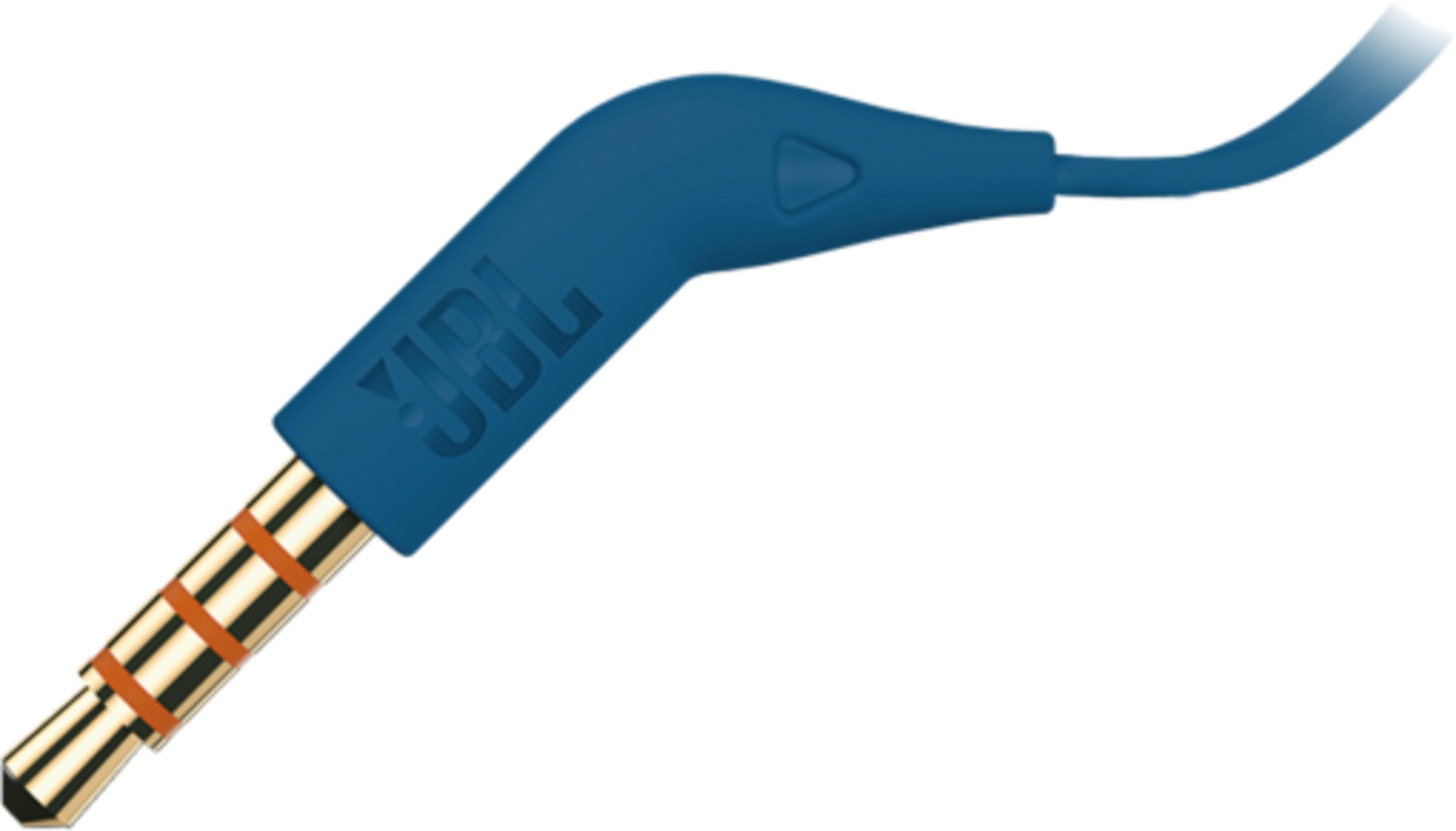 Una spina JBL blu con tre anelli dorati e accenti arancioni.