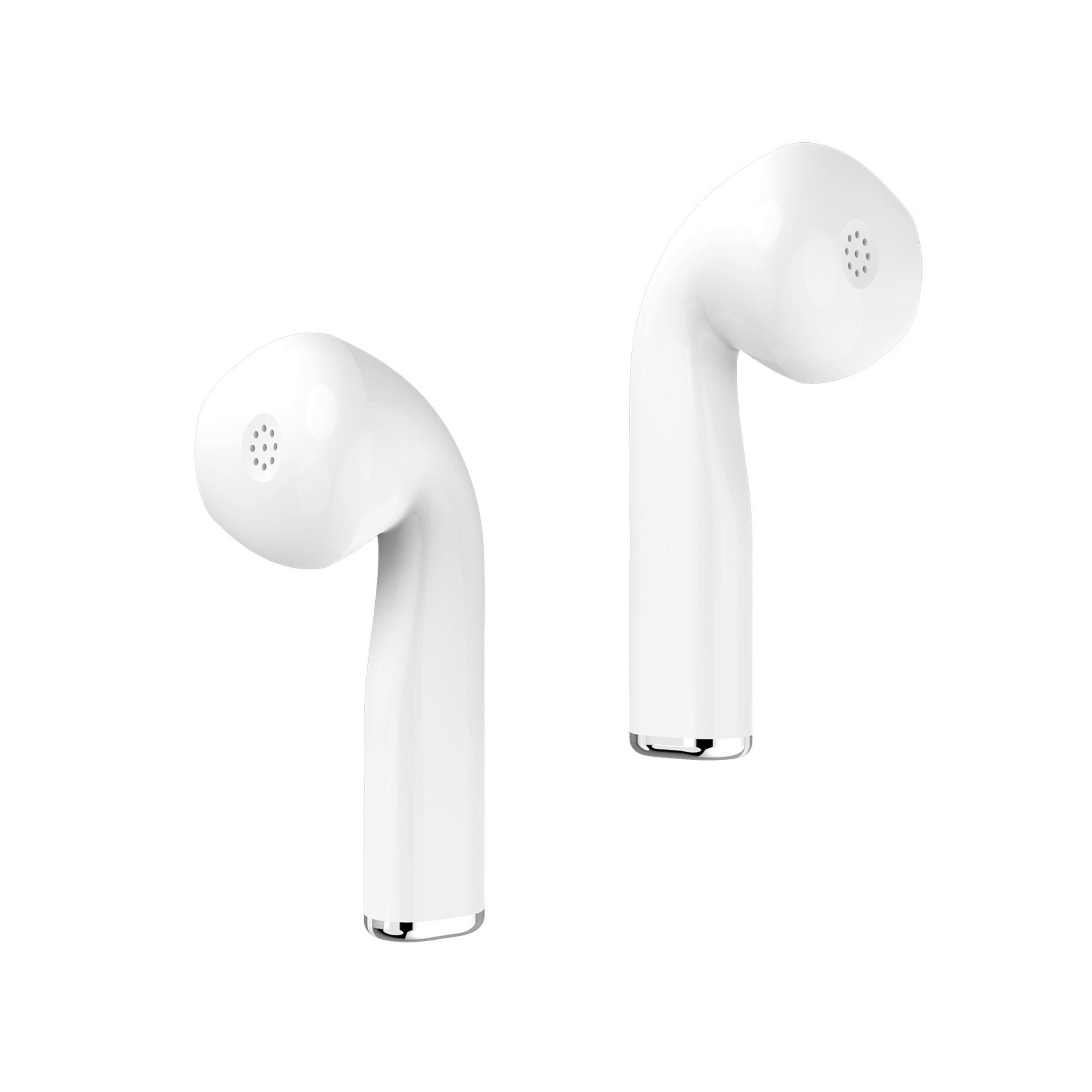 Due auricolari wireless bianchi con punte argentate su sfondo bianco.