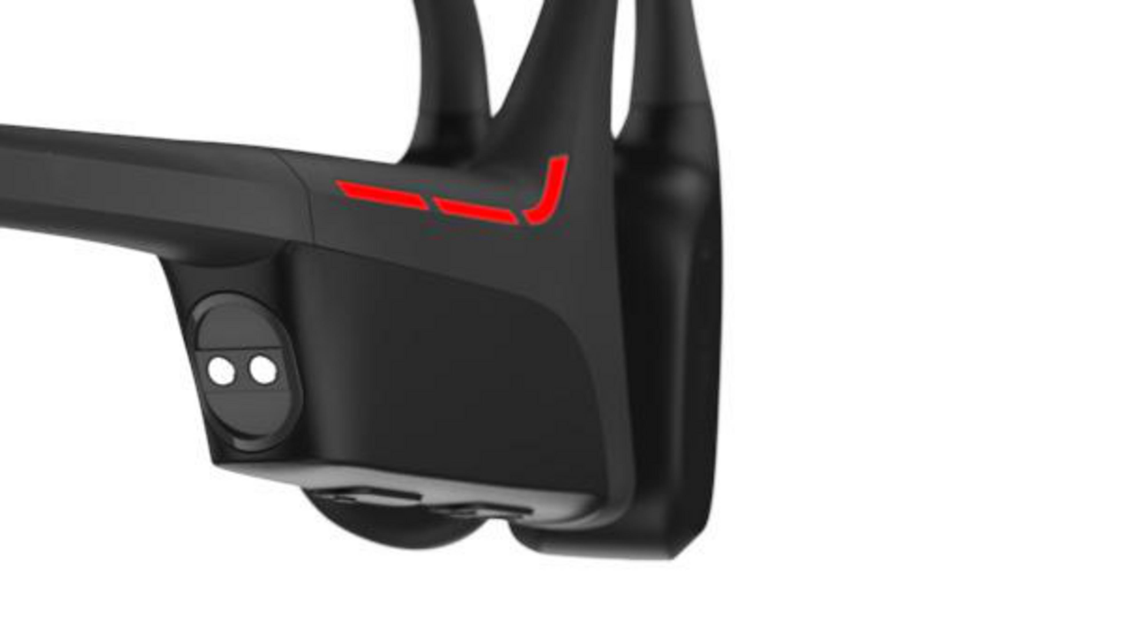 Czarne słuchawki z czerwonymi akcentami i dwoma białymi światłami.