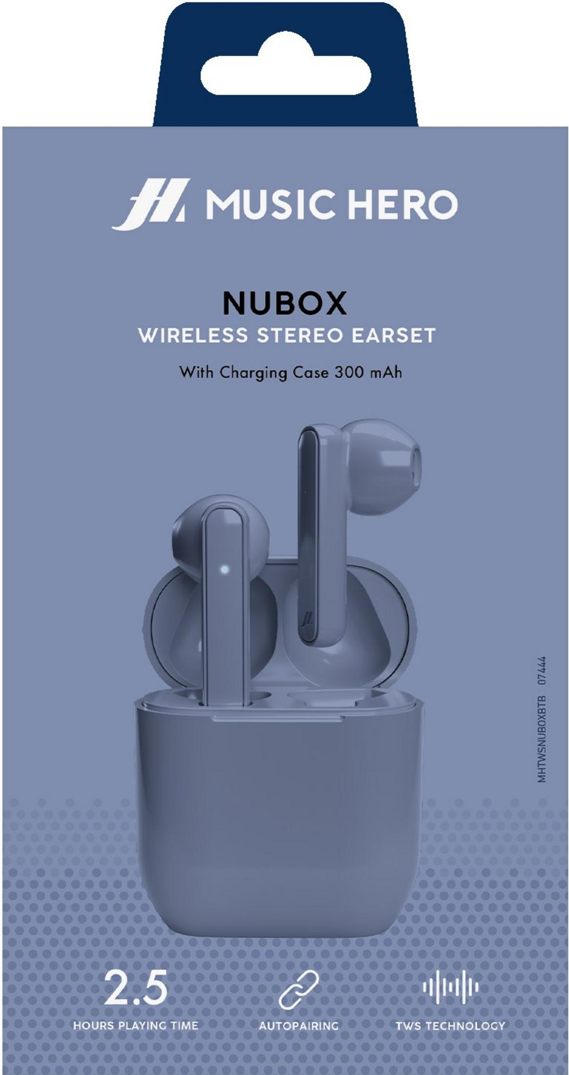 Auricolari stereo wireless Nubox con custodia di ricarica.