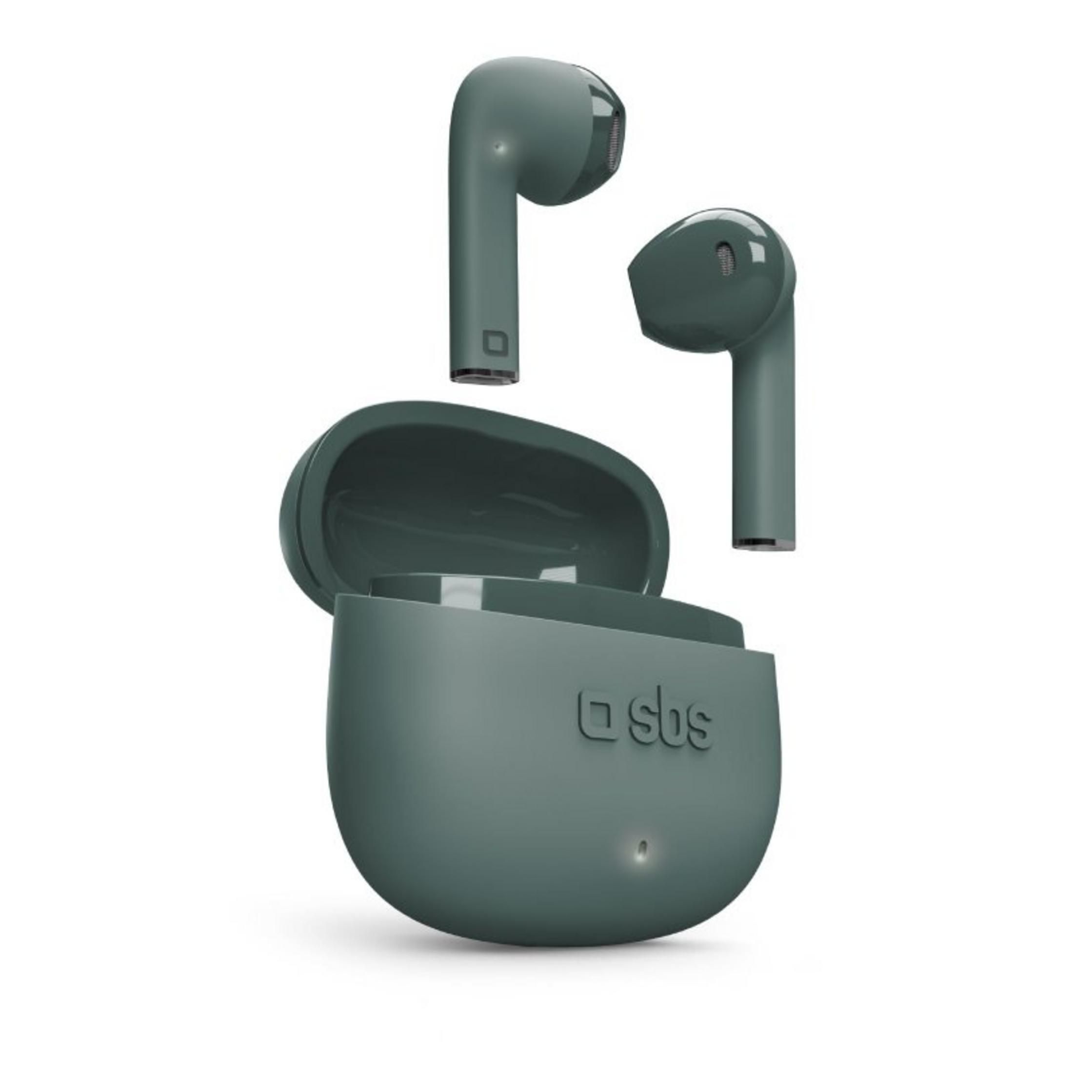 Un paio di auricolari wireless verdi con custodia di ricarica aperta.