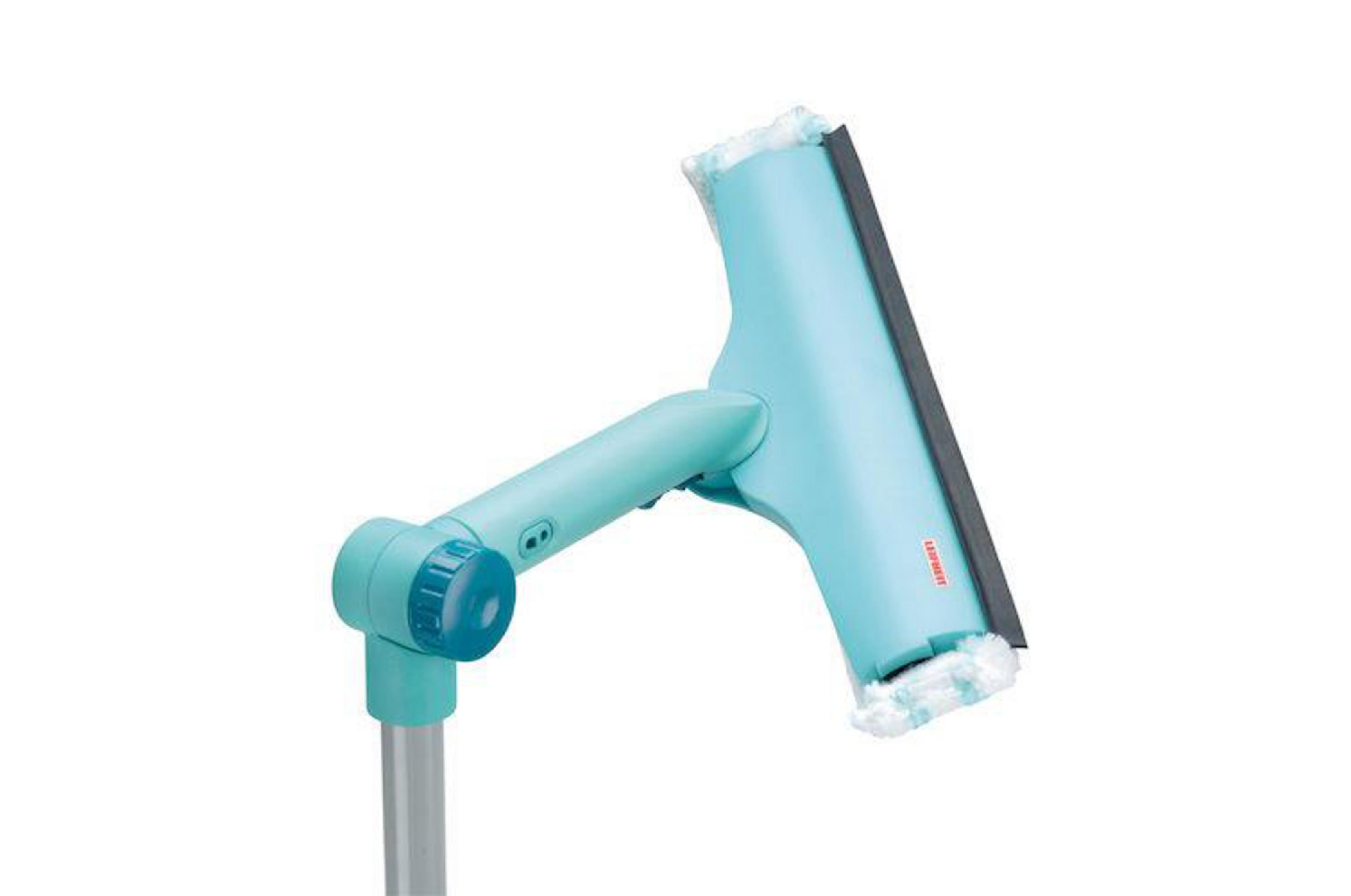 Turkusowa ściągaczka do okien z regulowaną głowicą i uchwytem.