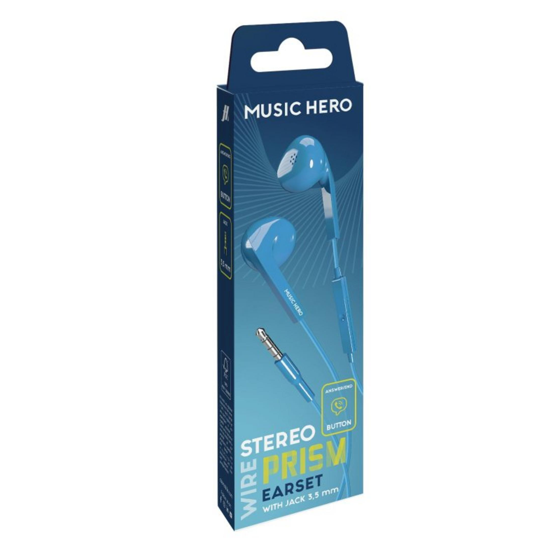 Embalaje para auriculares estéreo azules con jack de 3,5 mm.