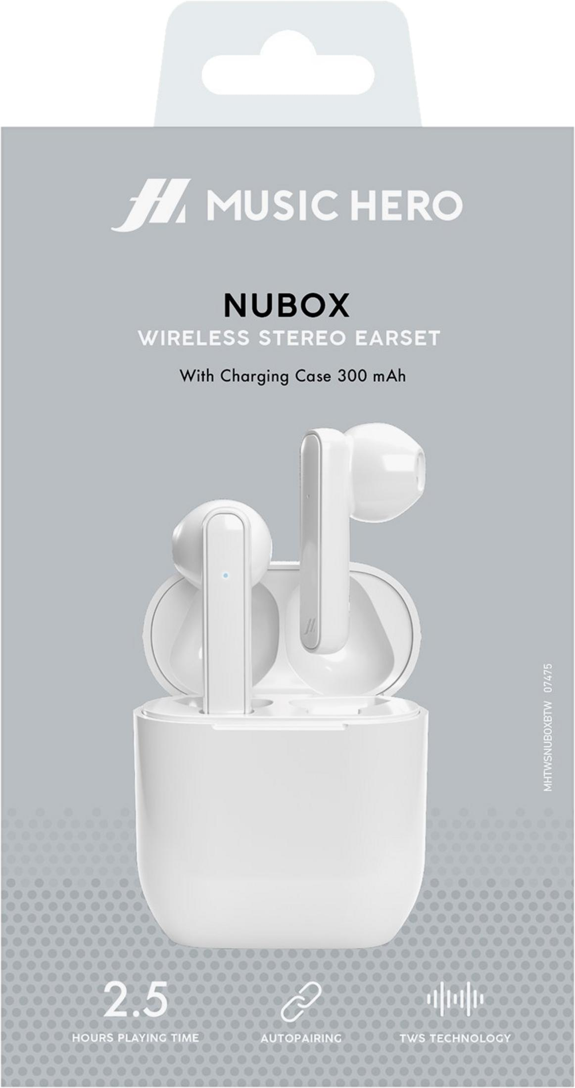 Auricolari bianchi Nubox con custodia di ricarica. 2,5 ore di riproduzione. Accoppiamento automatico. TWS.