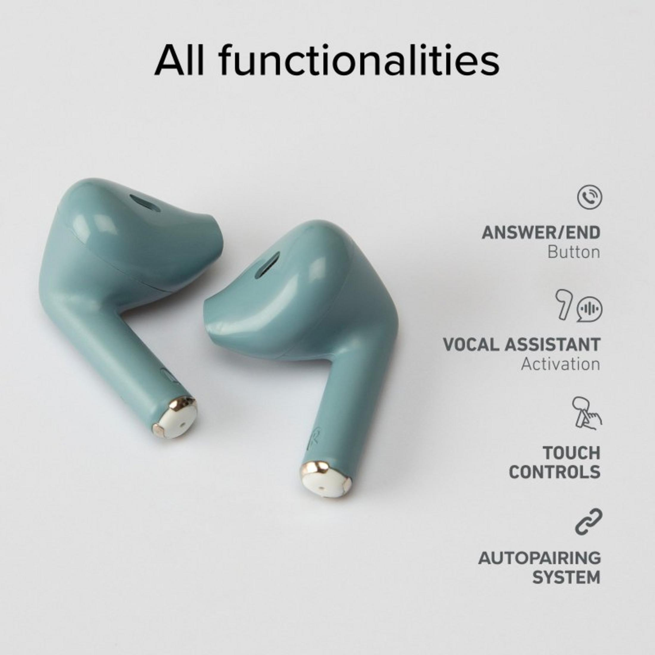 Dwa turkusowe słuchawki douszne z panelem dotykowym i systemem automatycznego parowania.