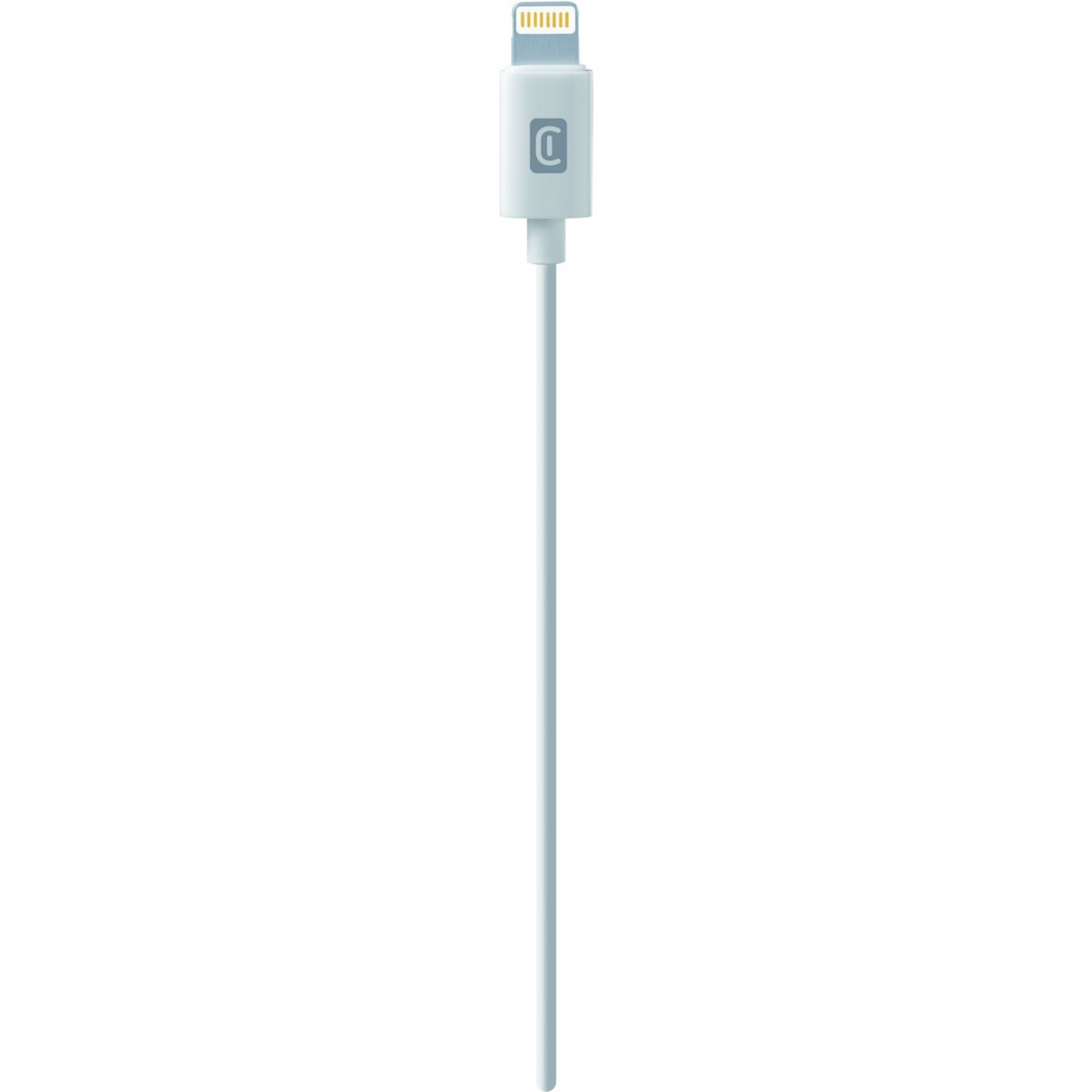 A white lightning cable with a gray logo on the connector.