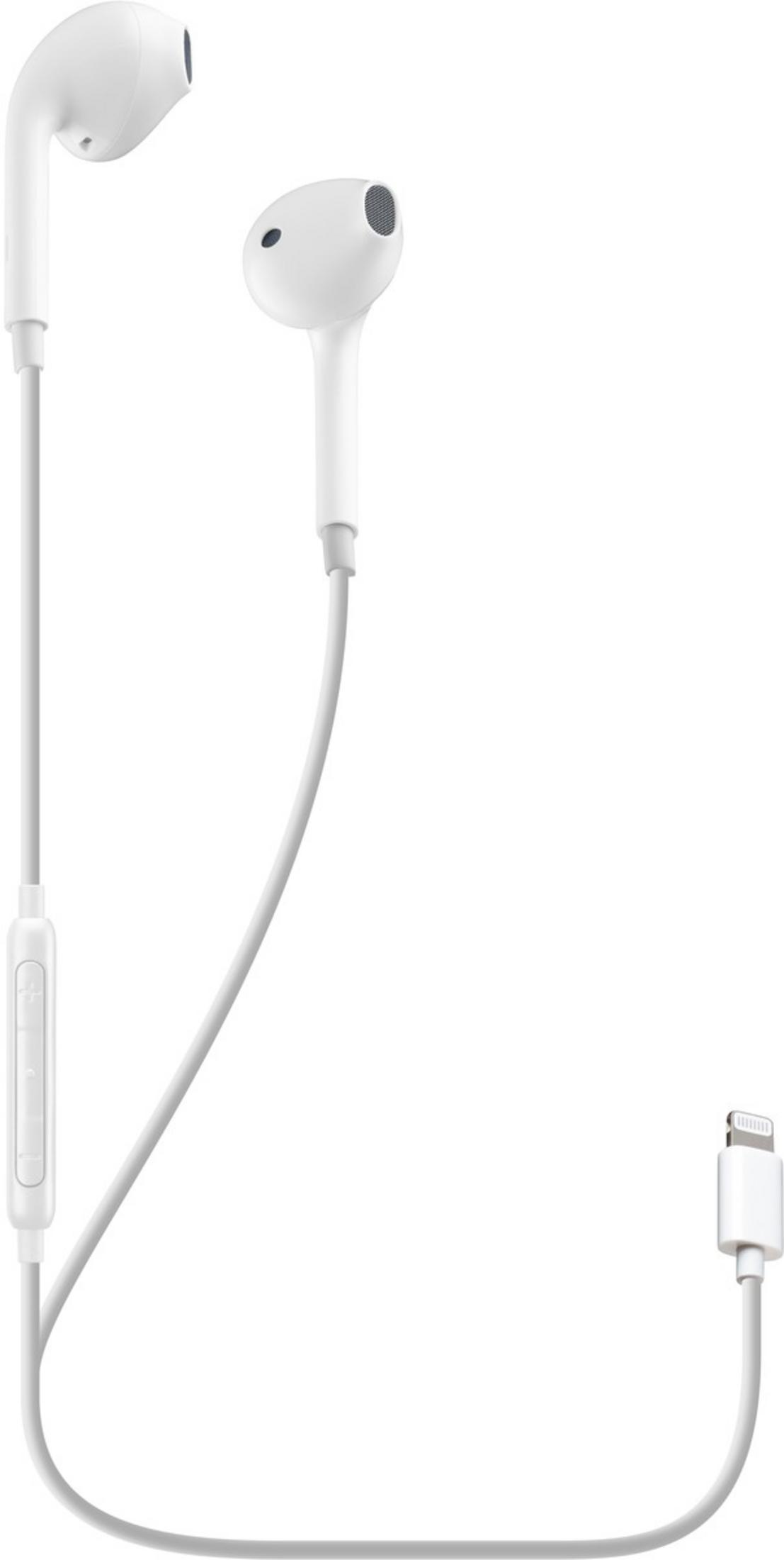 White earphones with a lightning connector and inline remote.