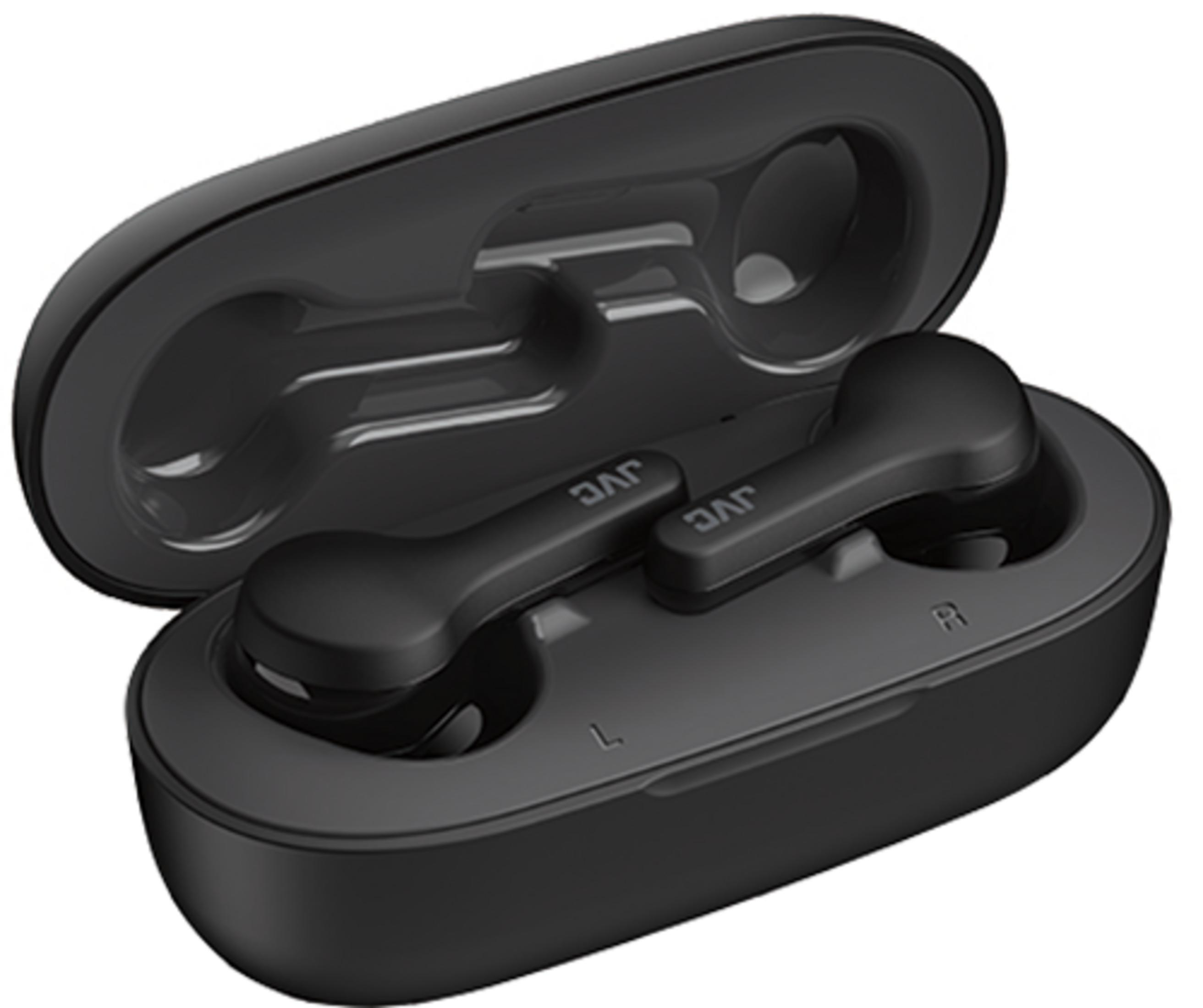 Czarne słuchawki JVC z etui ładującym, oznaczone L i R.