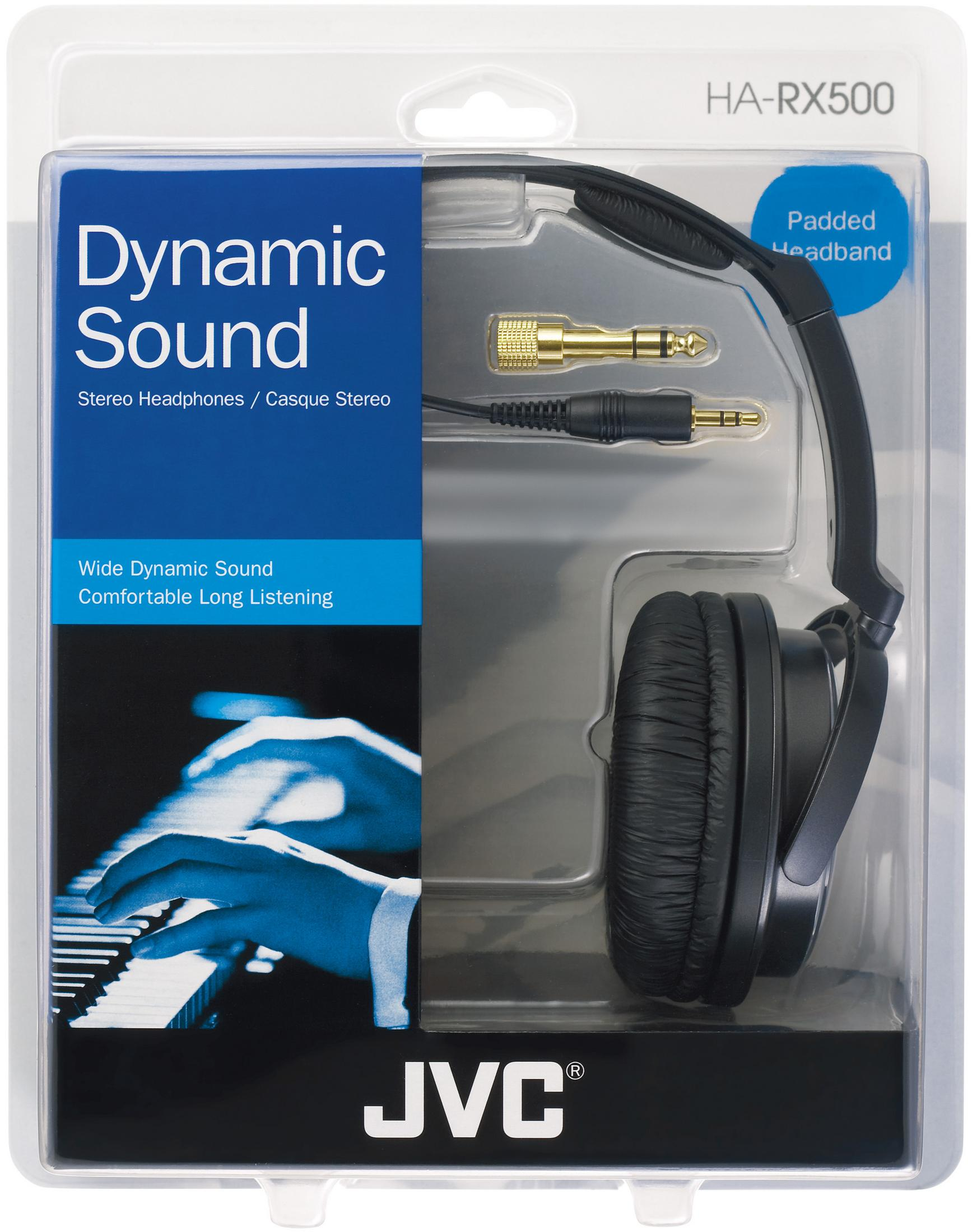 Czarne słuchawki JVC HA-RX500 w opakowaniu z obrazkiem klawiatury pianina.