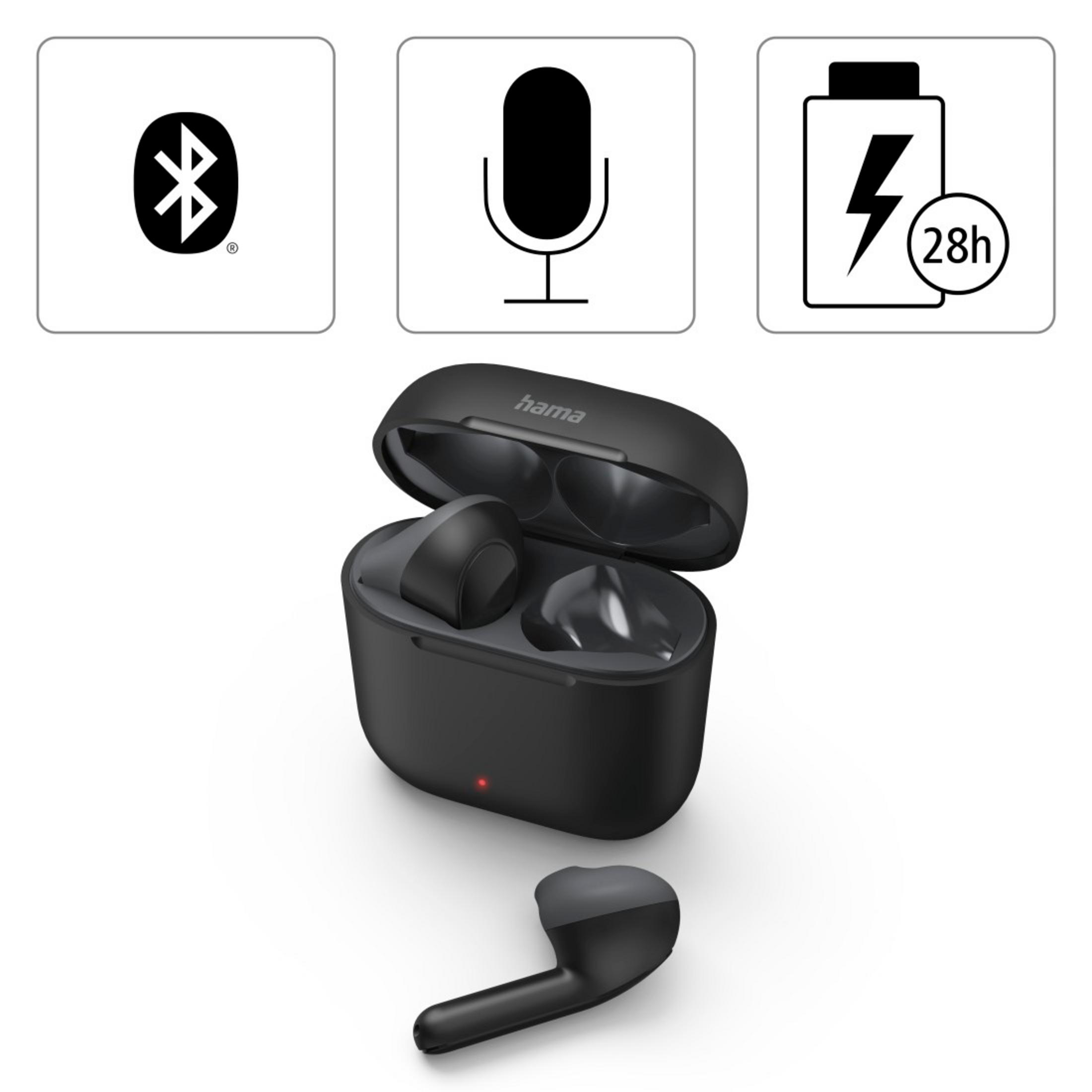 Czarne słuchawki Hama z etui ładującym, ikony Bluetooth, mikrofonu i baterii 28h.