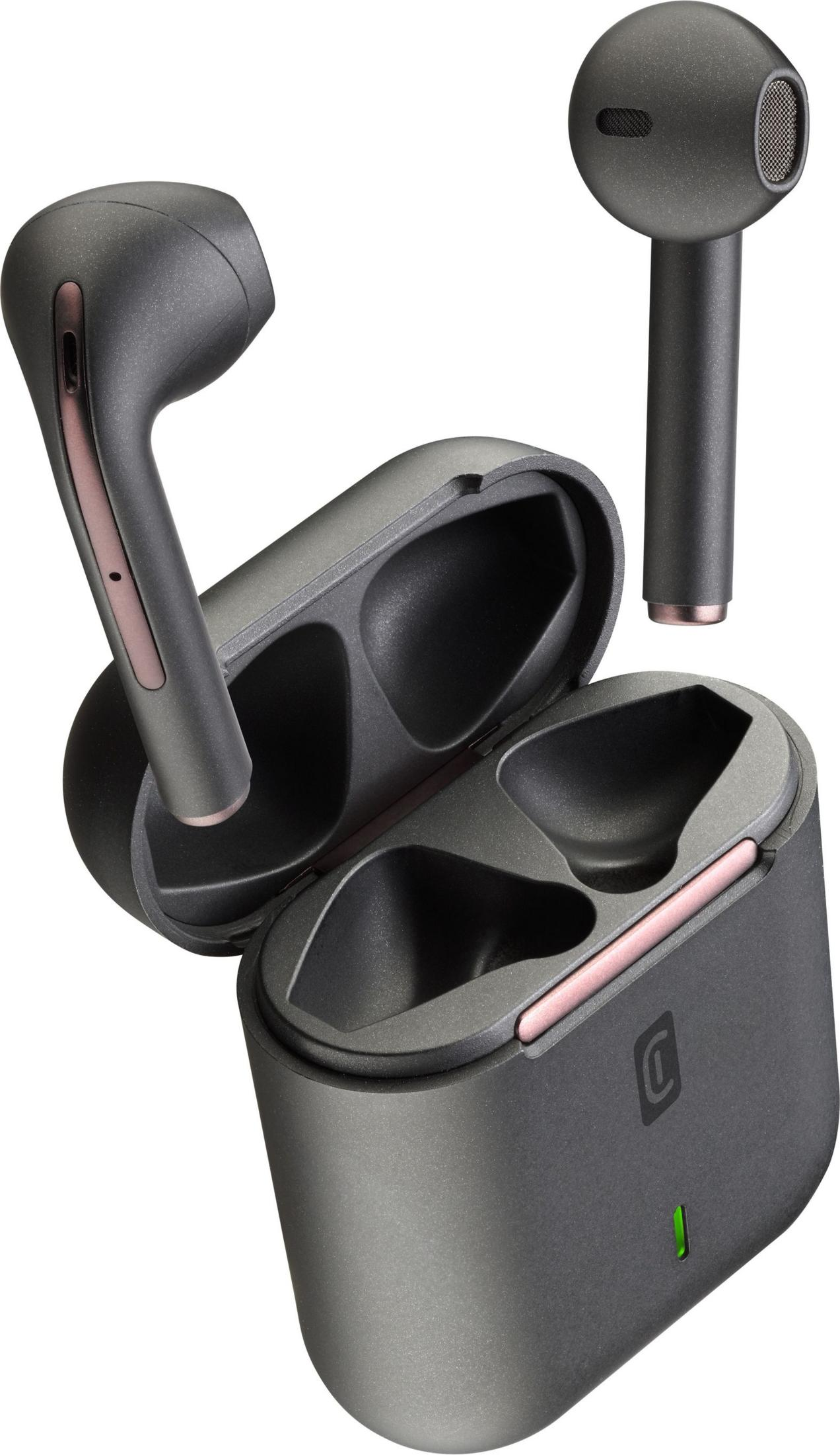 Auricolari wireless grigi con custodia di ricarica. Un auricolare nella custodia, uno accanto.
