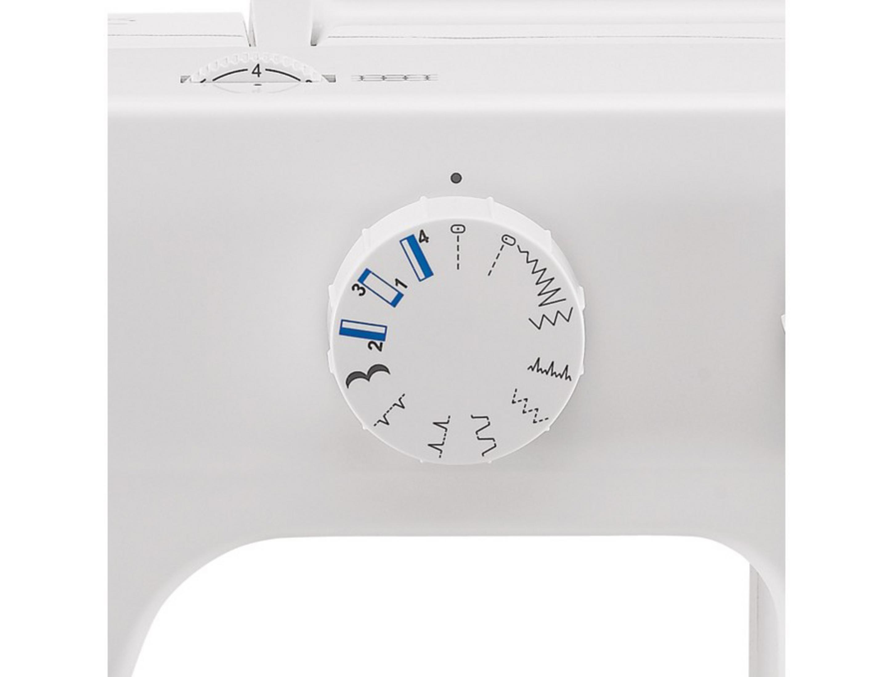 Białe pokrętło ze ściegami i cyframi od 0 do 4.