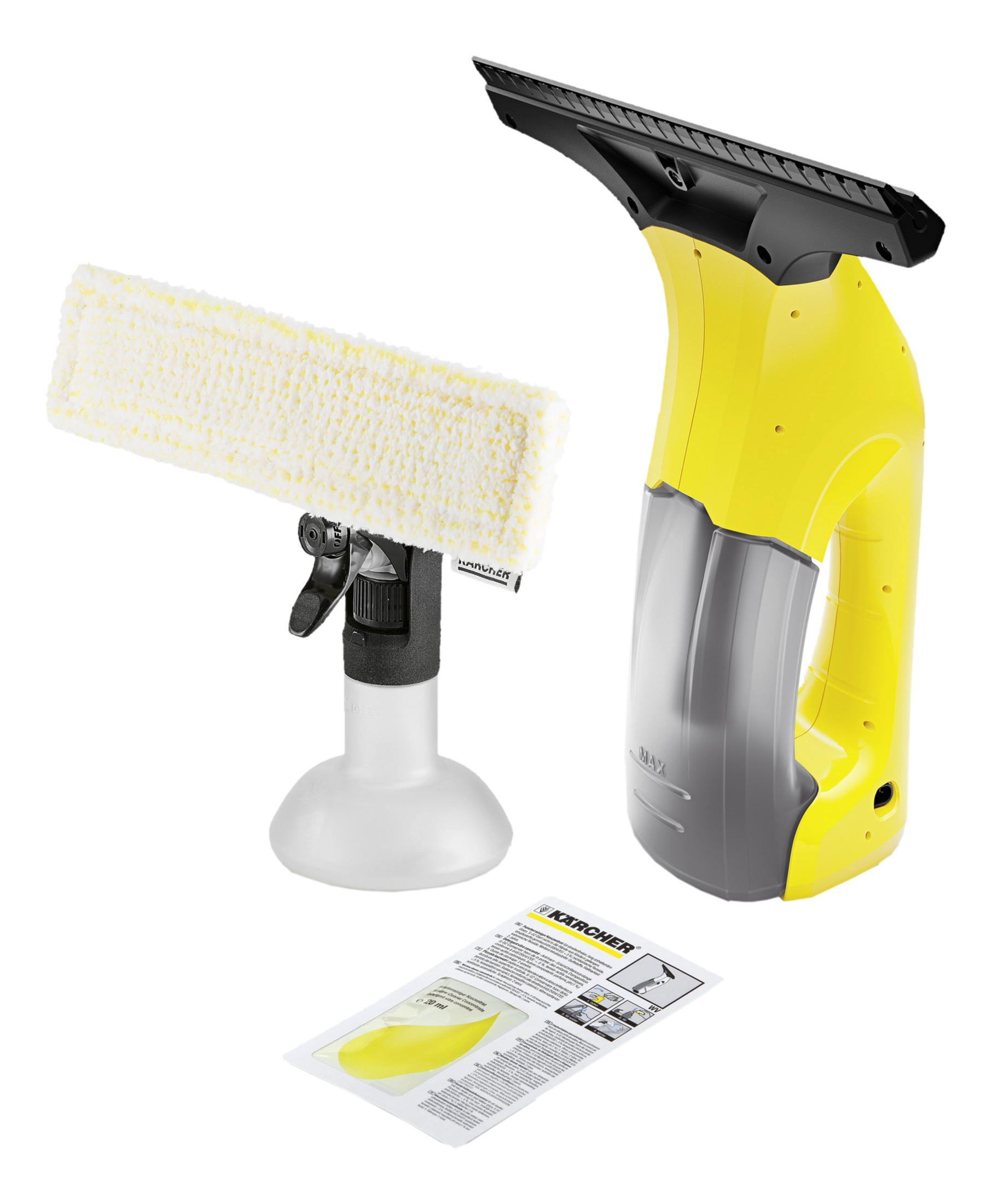 Pulitore per vetri giallo con spruzzino, pad e istruzioni.