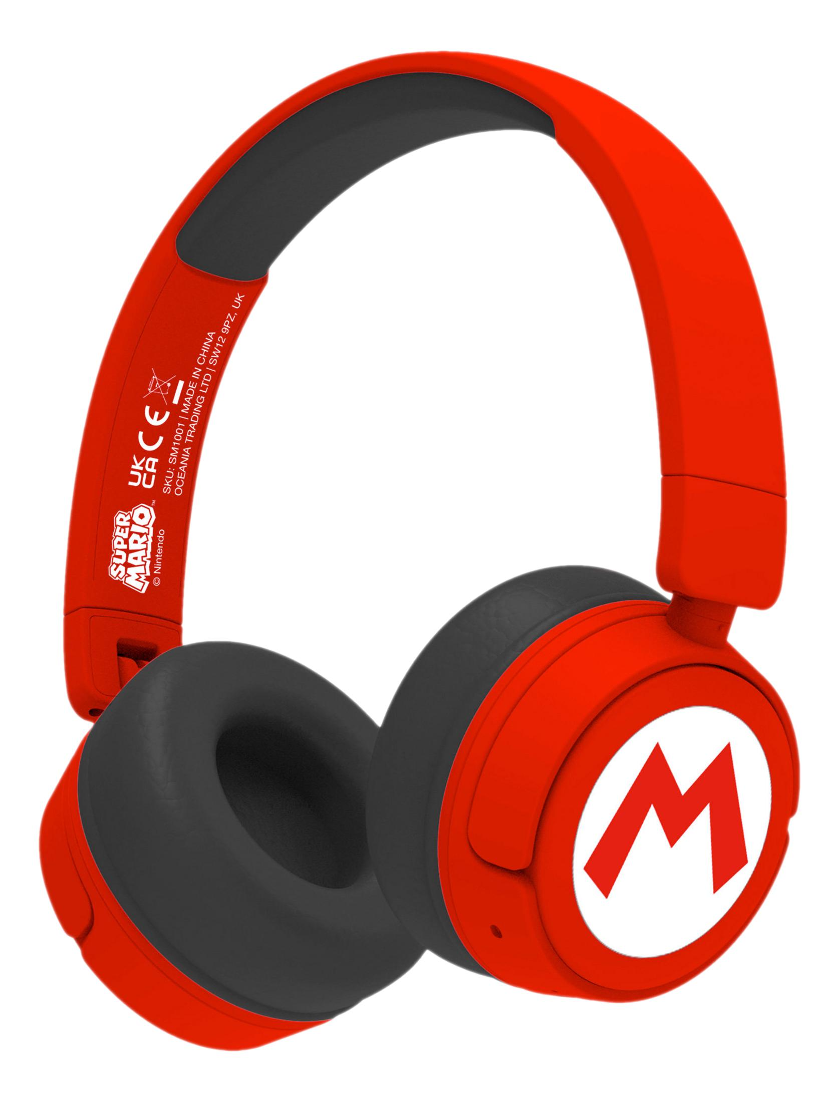Czerwone słuchawki z logo Mario i czarnymi nausznikami.