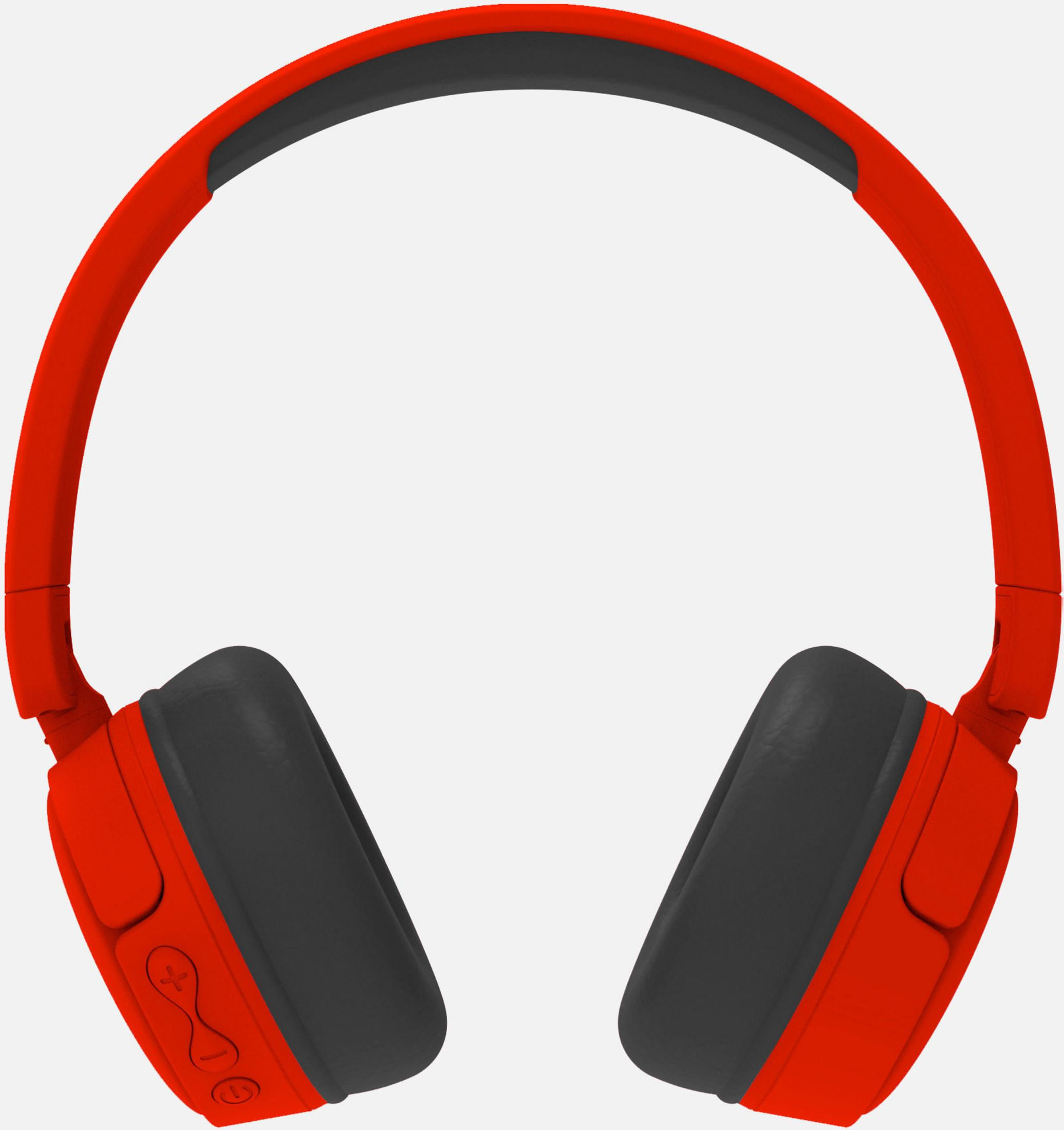 Czerwono-czarne słuchawki z pałąkiem i nausznikami.