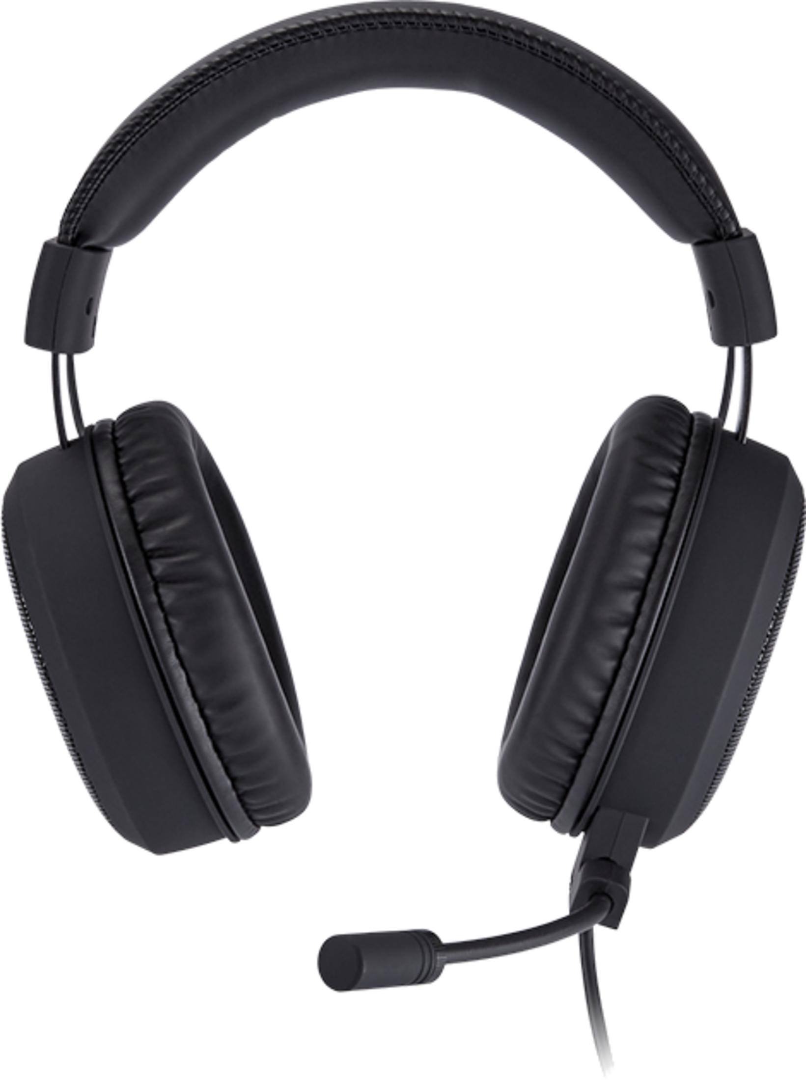 Auriculares negros con micrófono sobre fondo blanco.