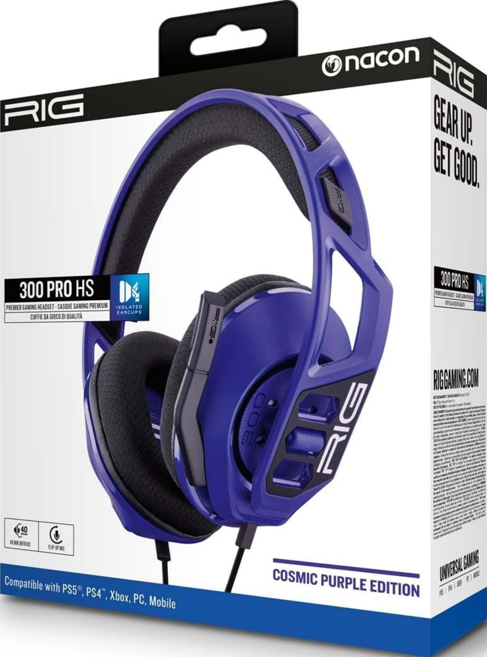 Fioletowe słuchawki gamingowe RIG z mikrofonem na opakowaniu.