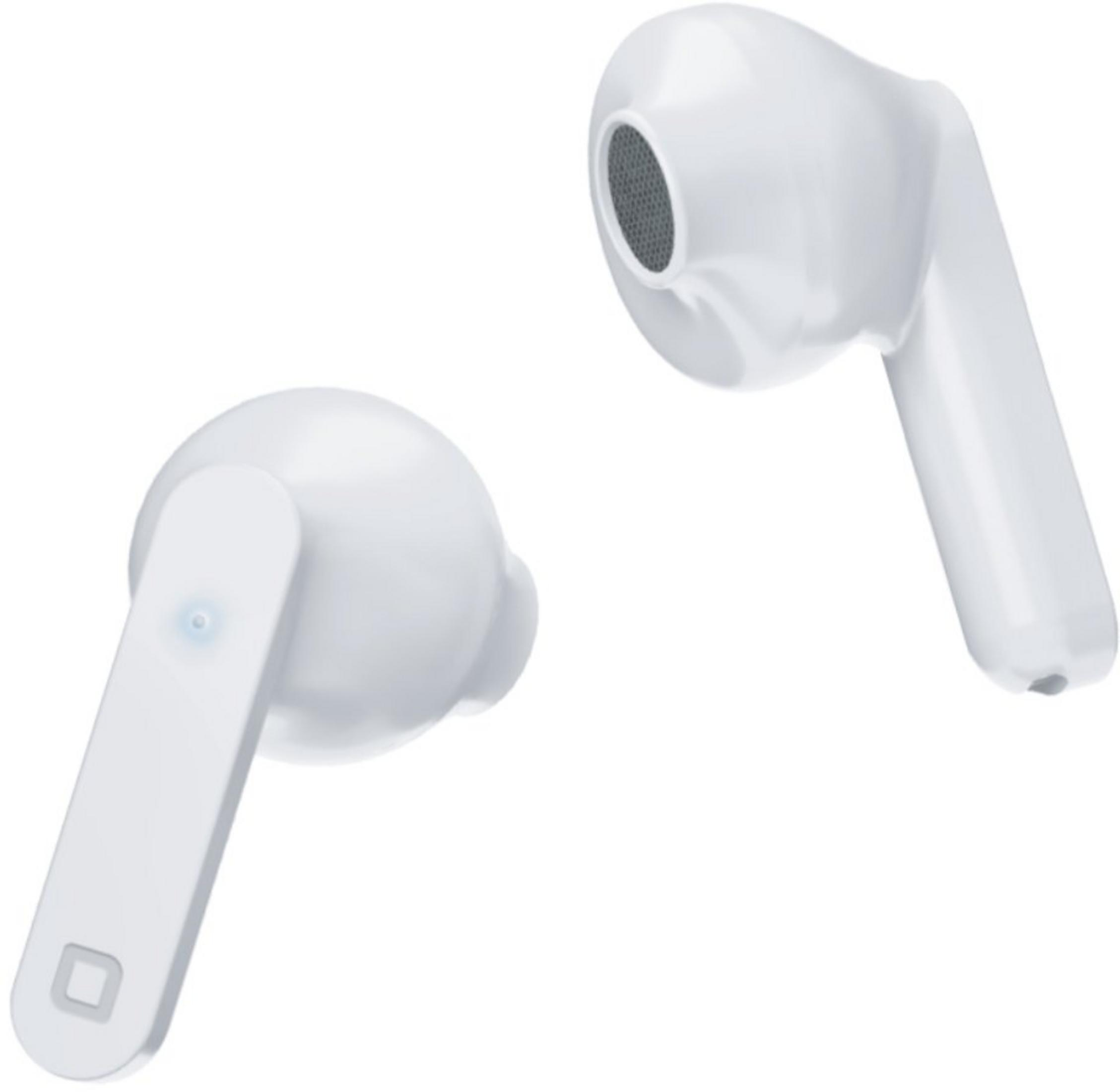 Dos auriculares inalámbricos blancos con puerto de carga.