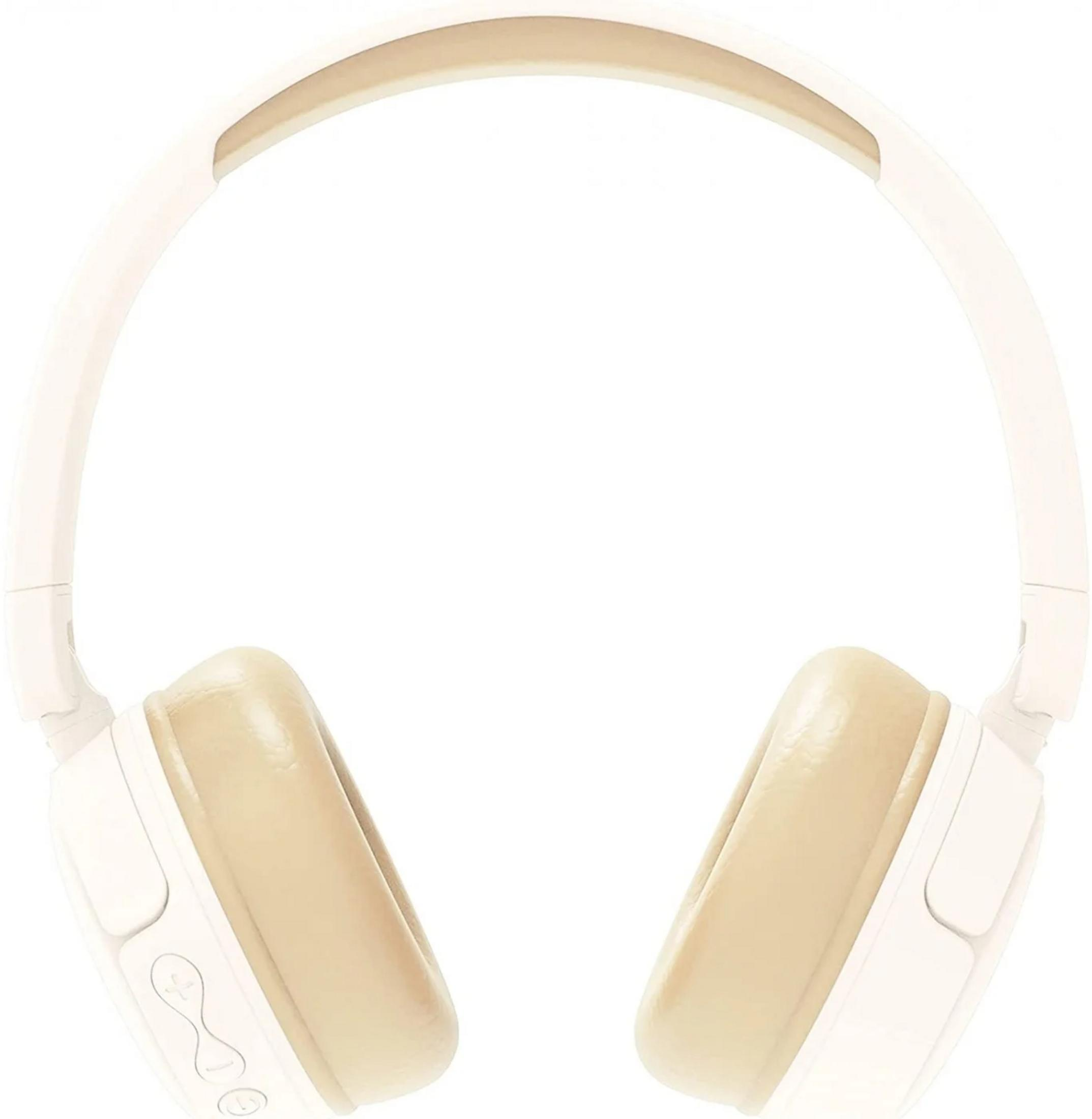 Cuffie bianche con auricolari beige e pulsanti di controllo.