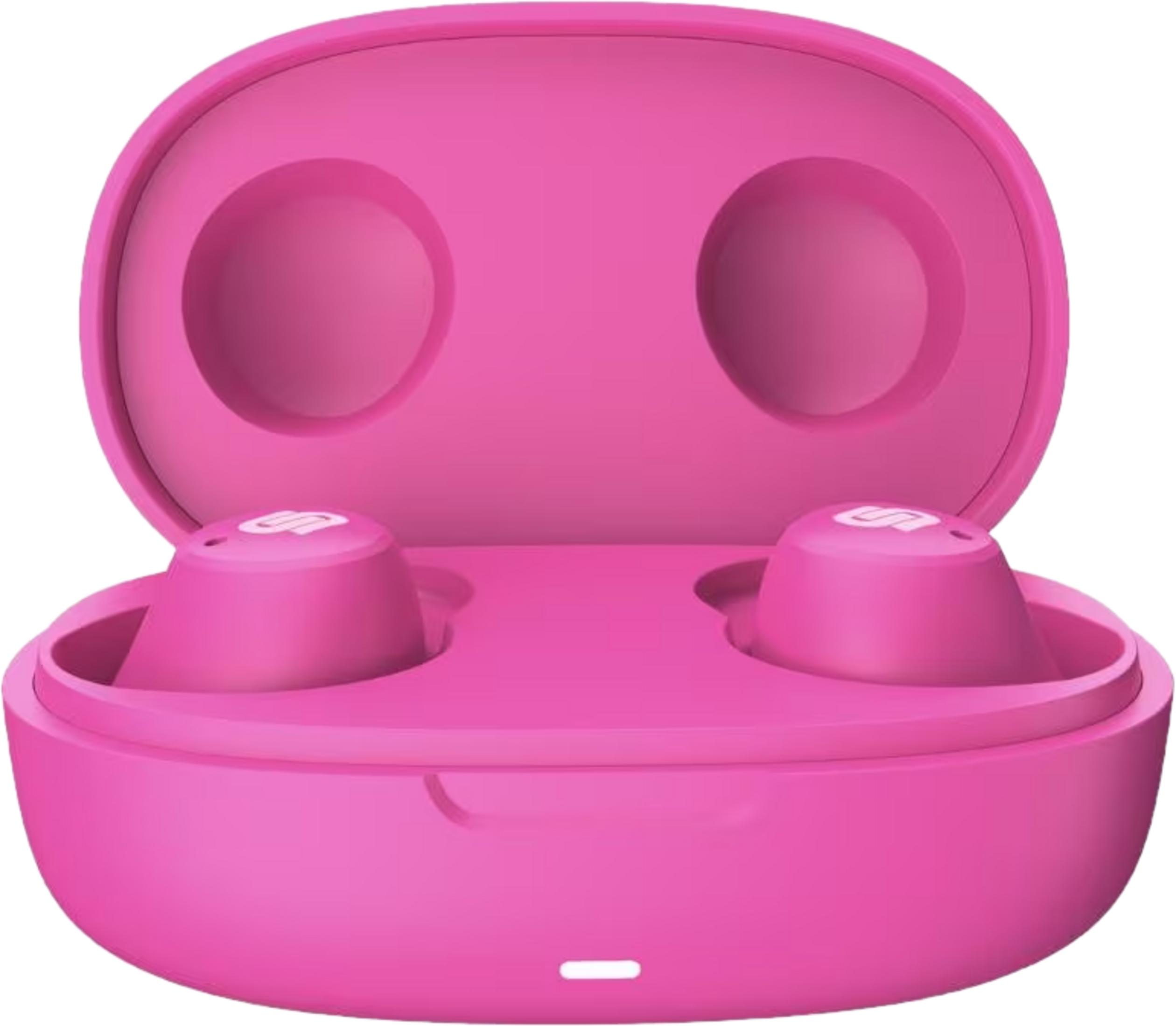 Różowa para bezprzewodowych słuchawek w otwartym etui ładującym.