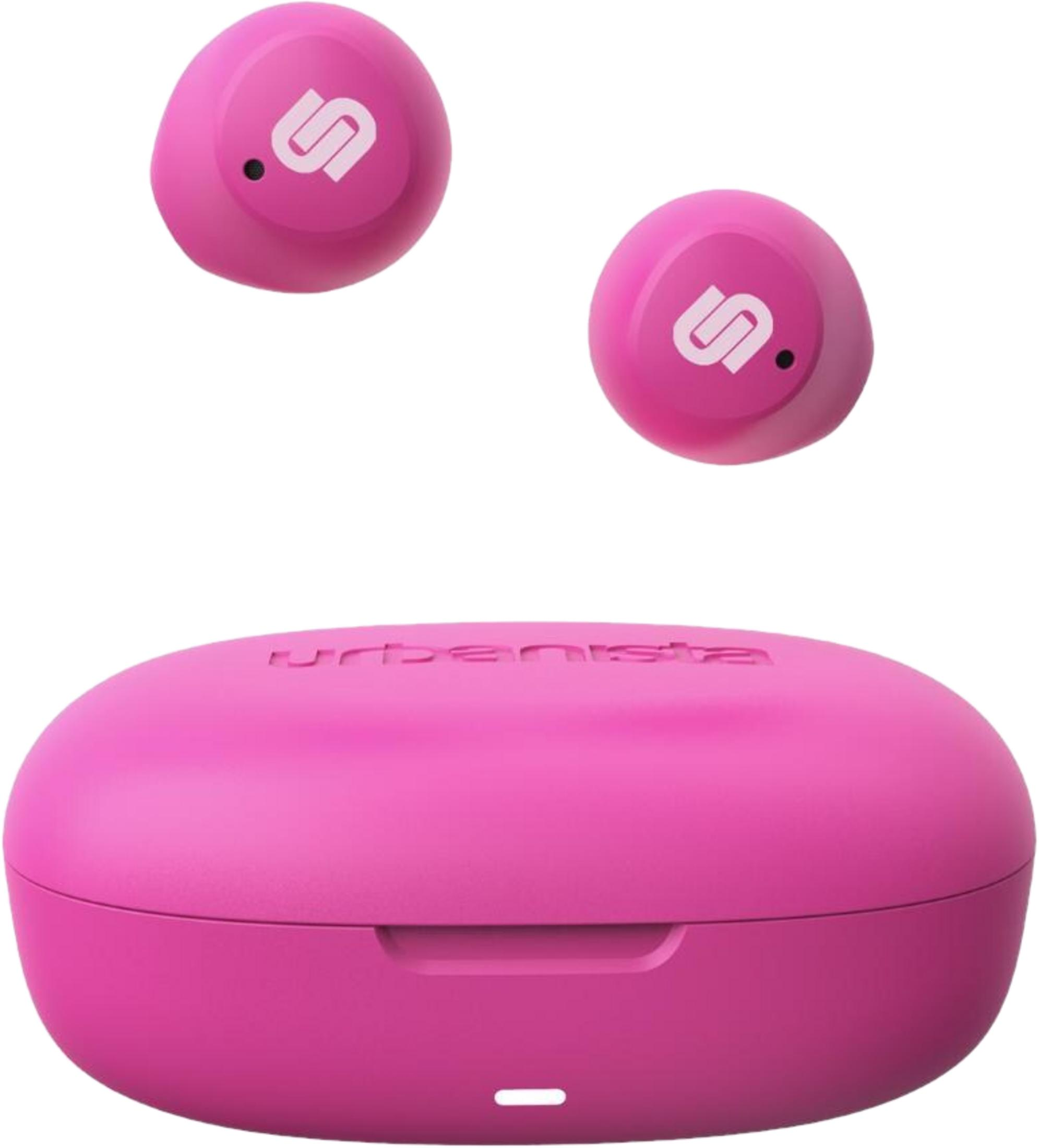 Dwa różowe słuchawki douszne i ich etui ładujące z logo Urbanista.