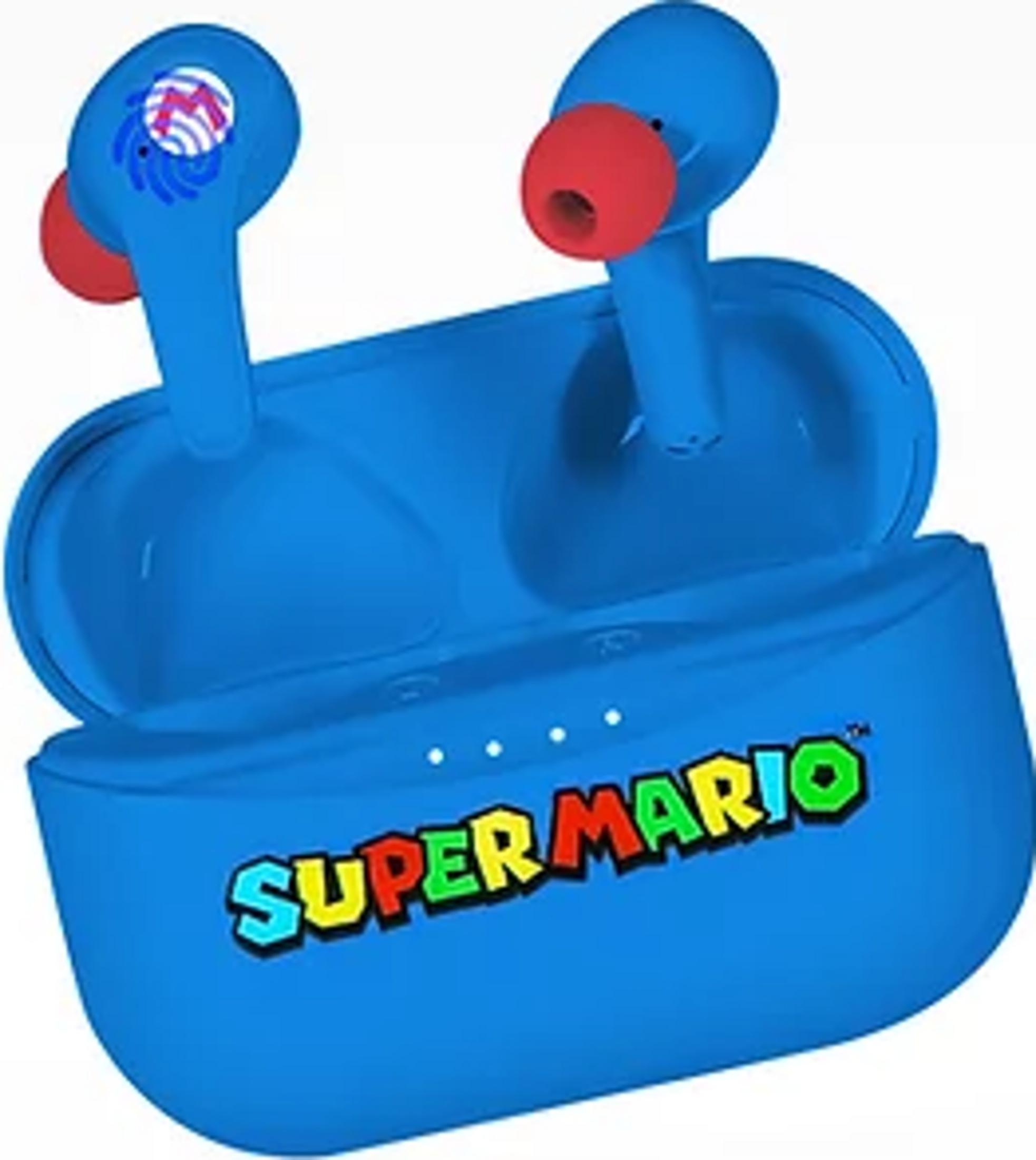 Niebieskie słuchawki bezprzewodowe z czerwonymi końcówkami i logo "Super Mario".