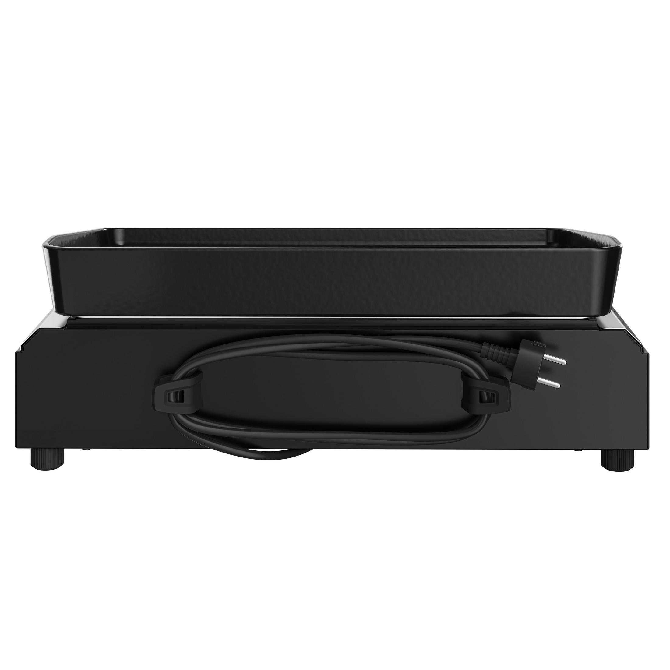 Schwarzer elektrischer Tischgrill mit Kabel und Stecker.