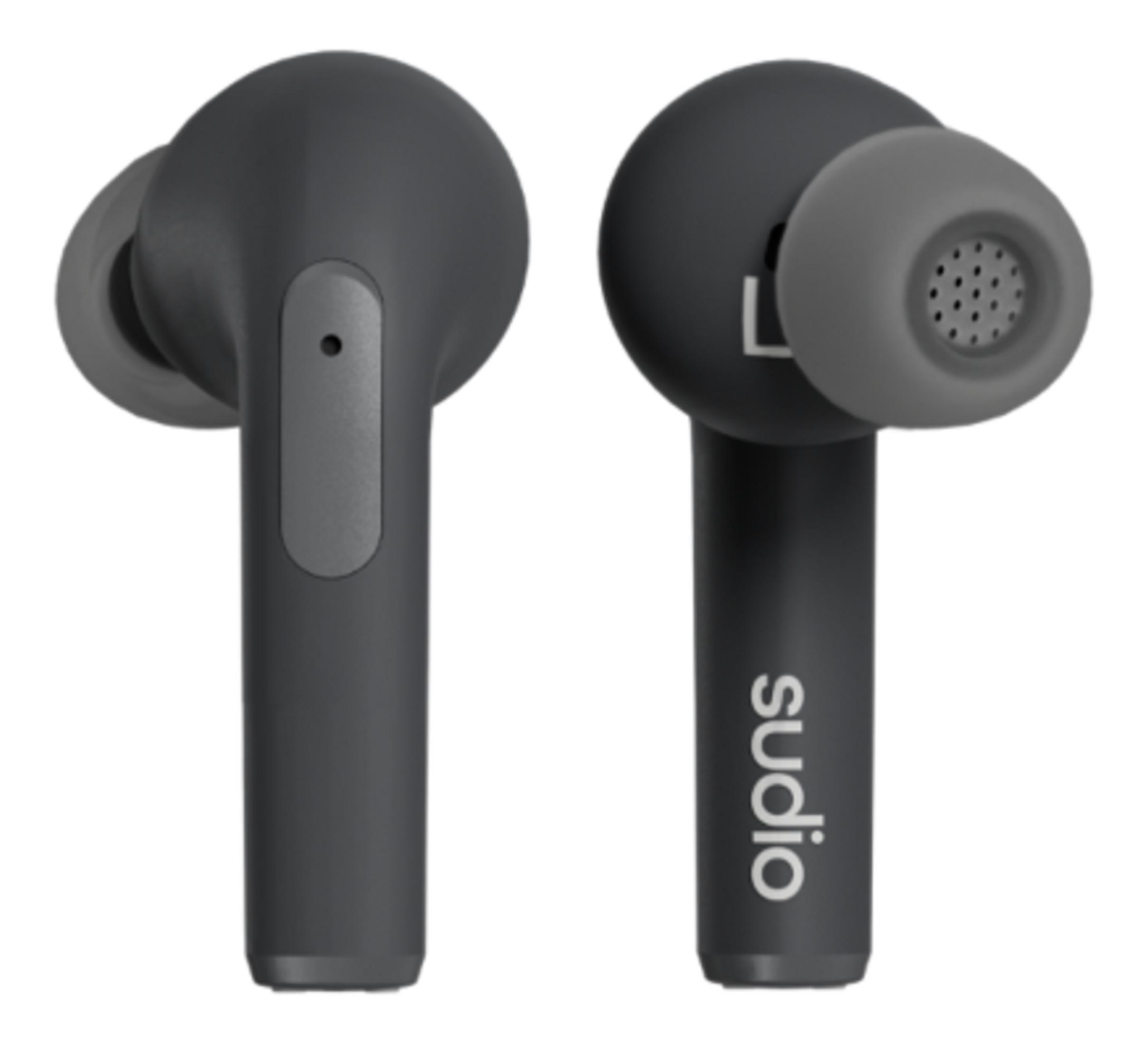 Due auricolari wireless scuri con punte in silicone, scritte bianche.