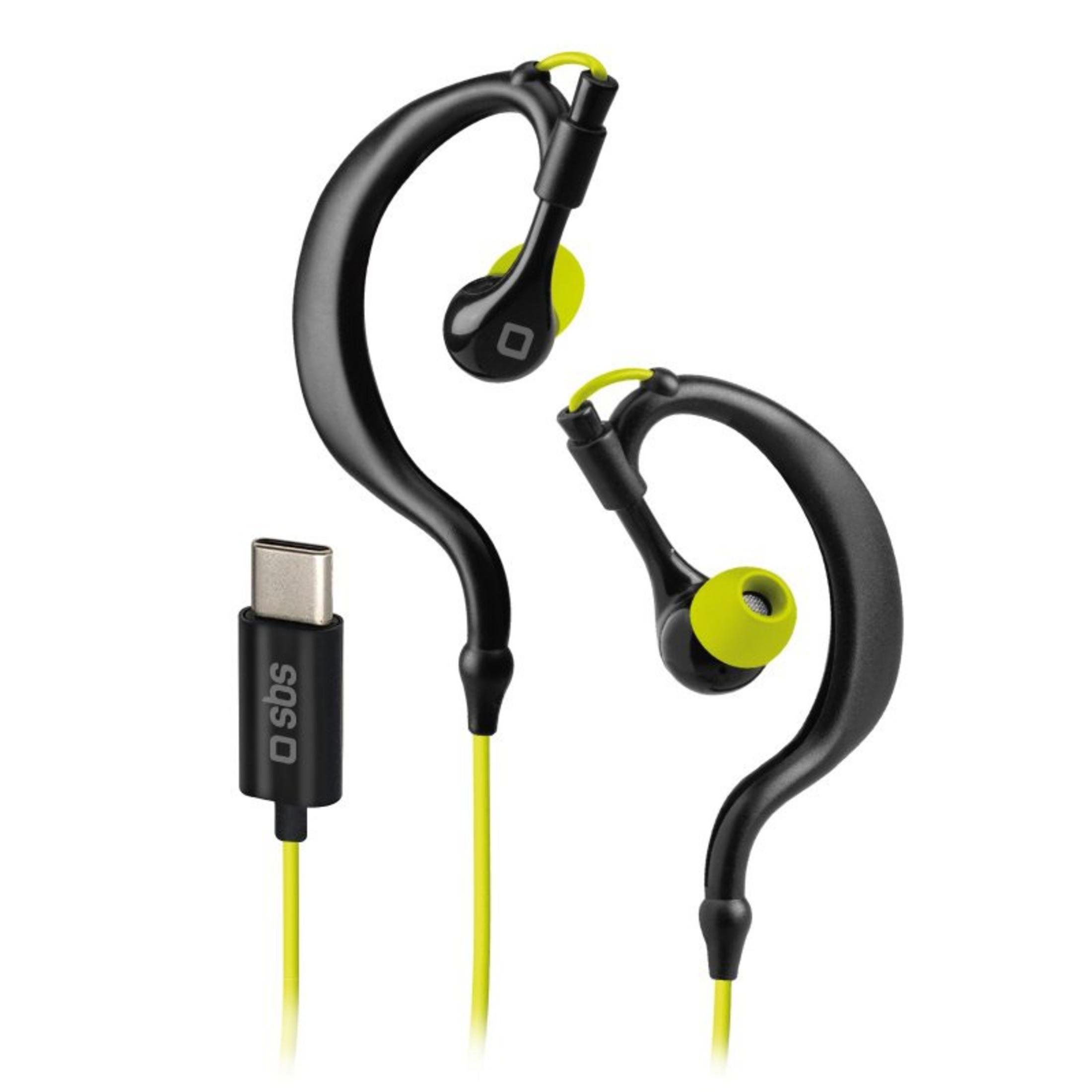 Auriculares deportivos negros con detalles amarillos y conector USB-C.