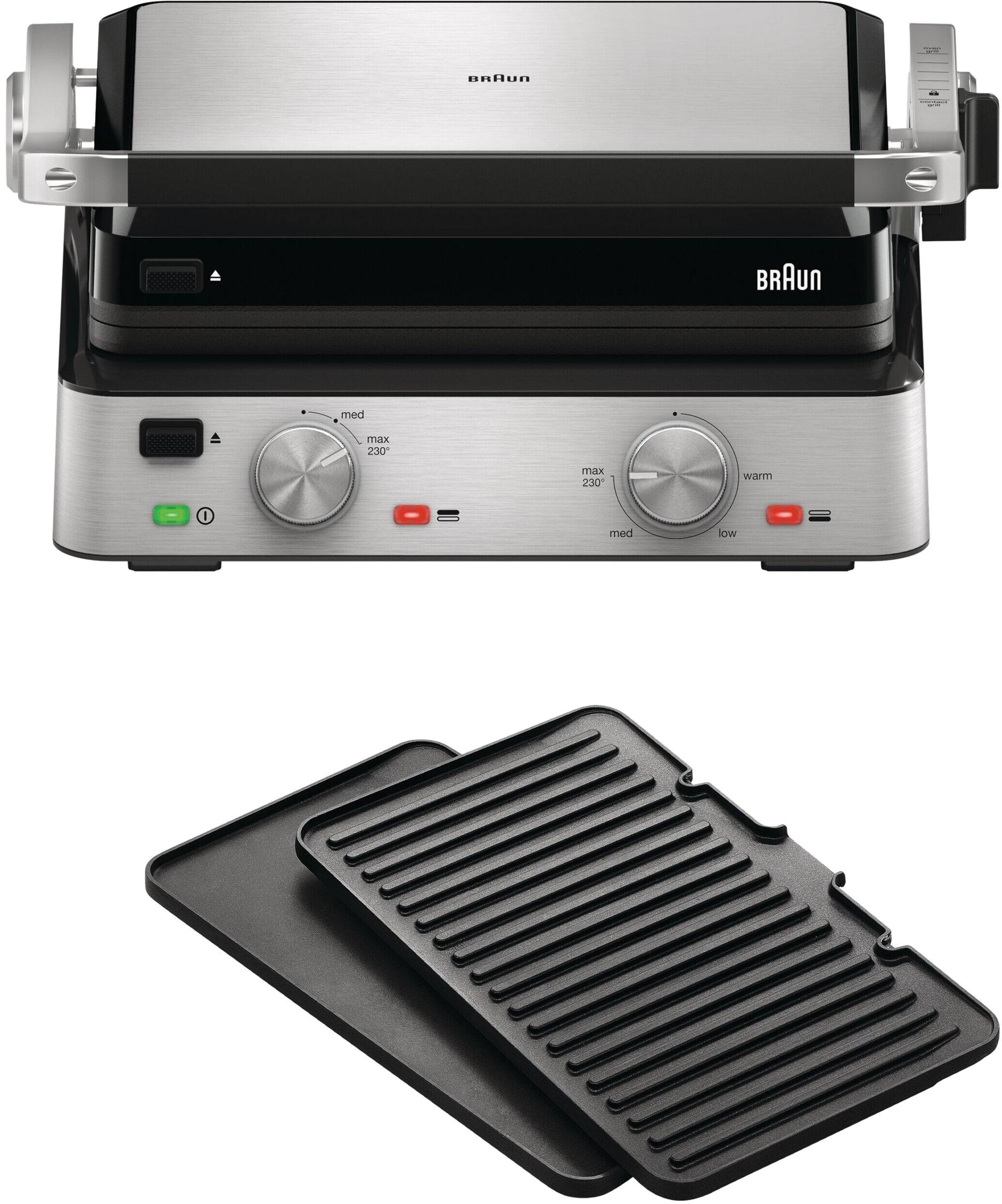 Srebrny grill stołowy z czarnymi detalami i dwiema płytami grillowymi.