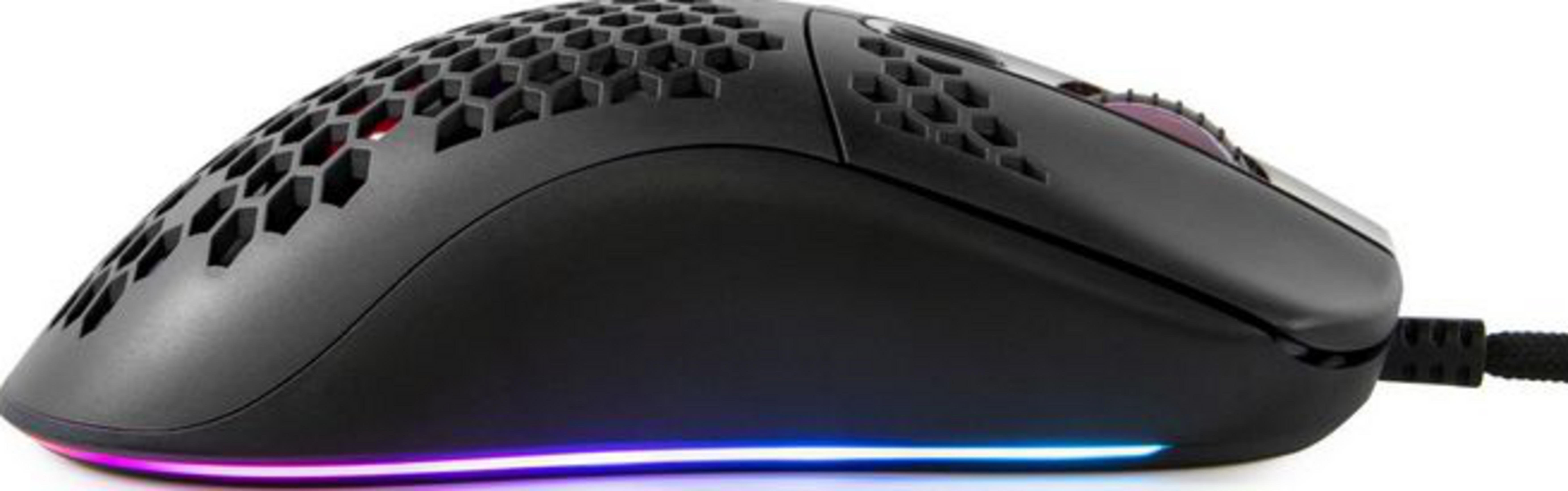 Black gaming mouse with honeycomb pattern and RGB lighting along the bottom.