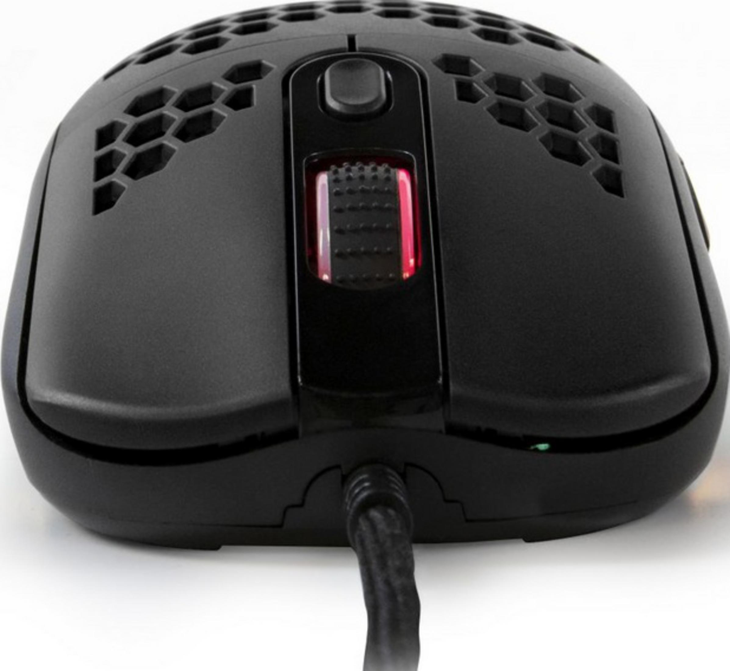 Black gaming mouse with honeycomb pattern, red scroll wheel and cable.