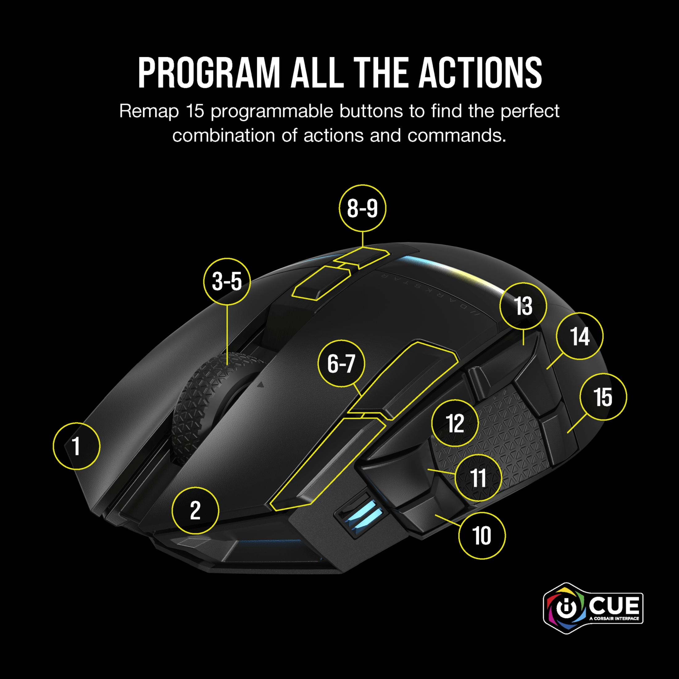 Czarna mysz gamingowa z żółtymi etykietami i numerami.