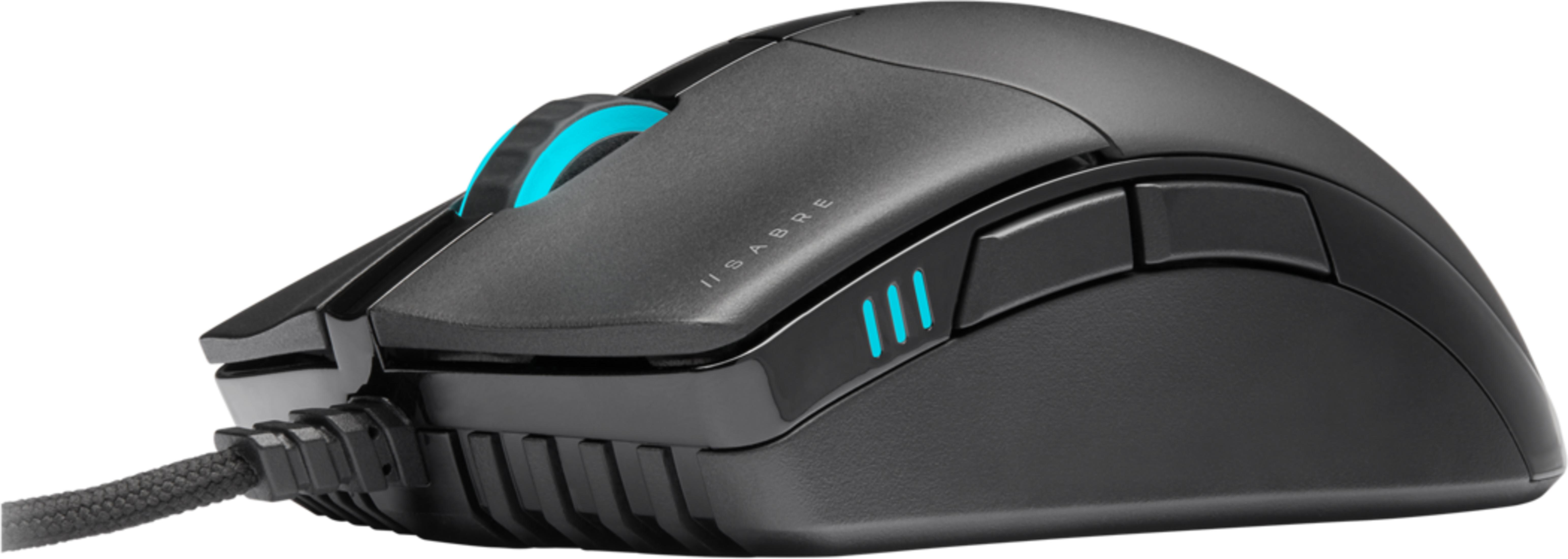 Zwarte gamingmuis met blauw scrollwiel en lampjes.