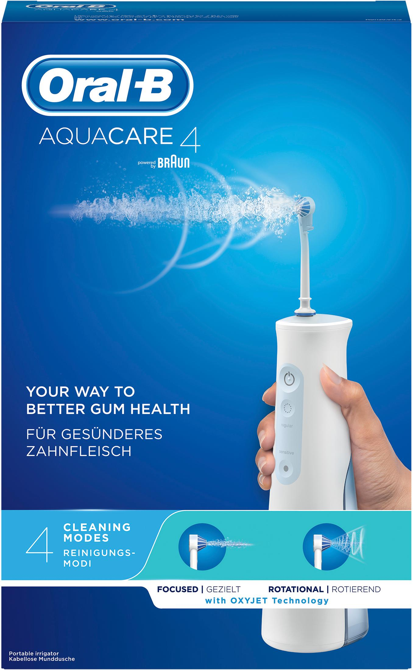 Irrigador Oral-B Aquacare 4 de mano con tecnología OXYJET, impulsado por Braun.