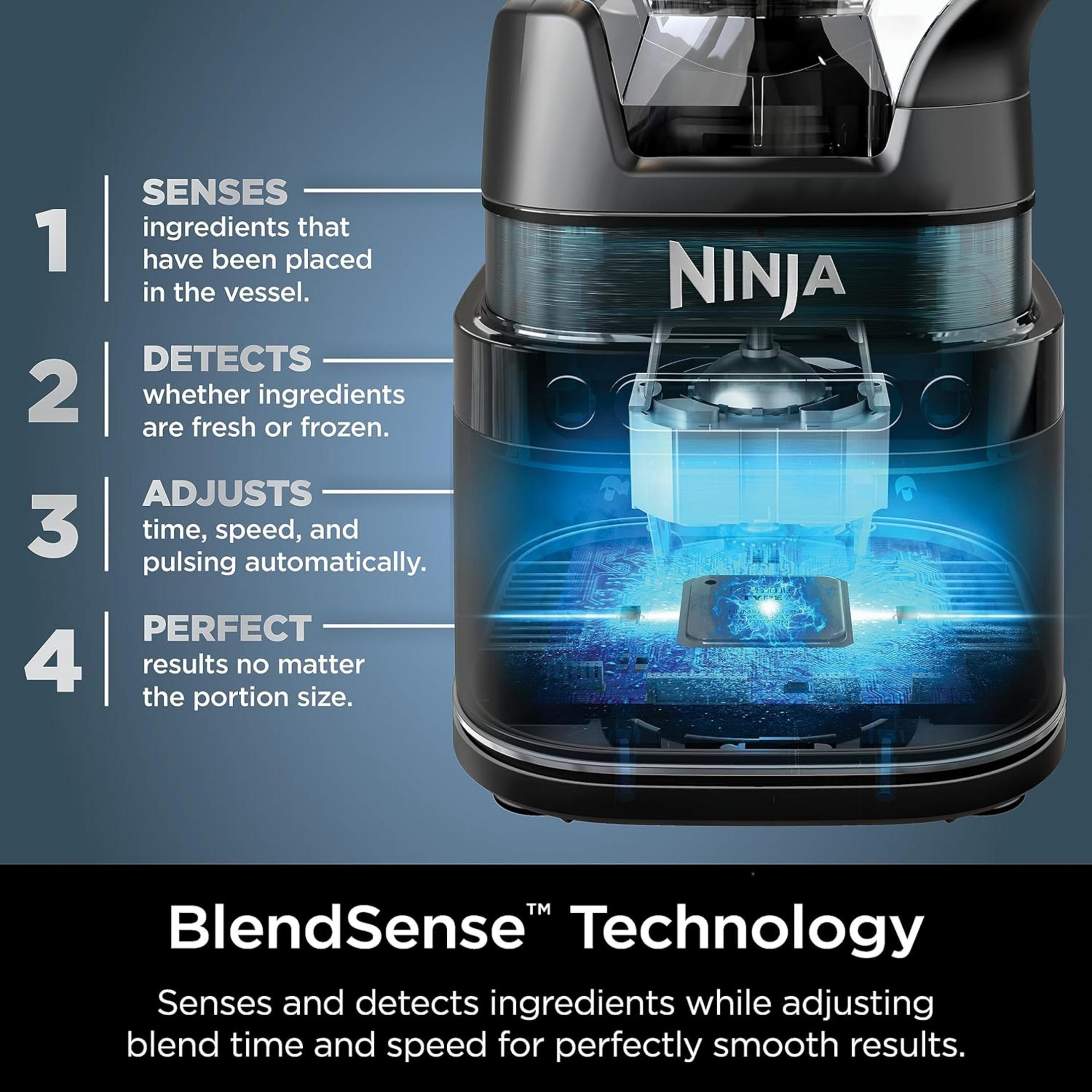A Ninja blender featuring BlendSense Technology. It senses ingredients and adjusts automatically.